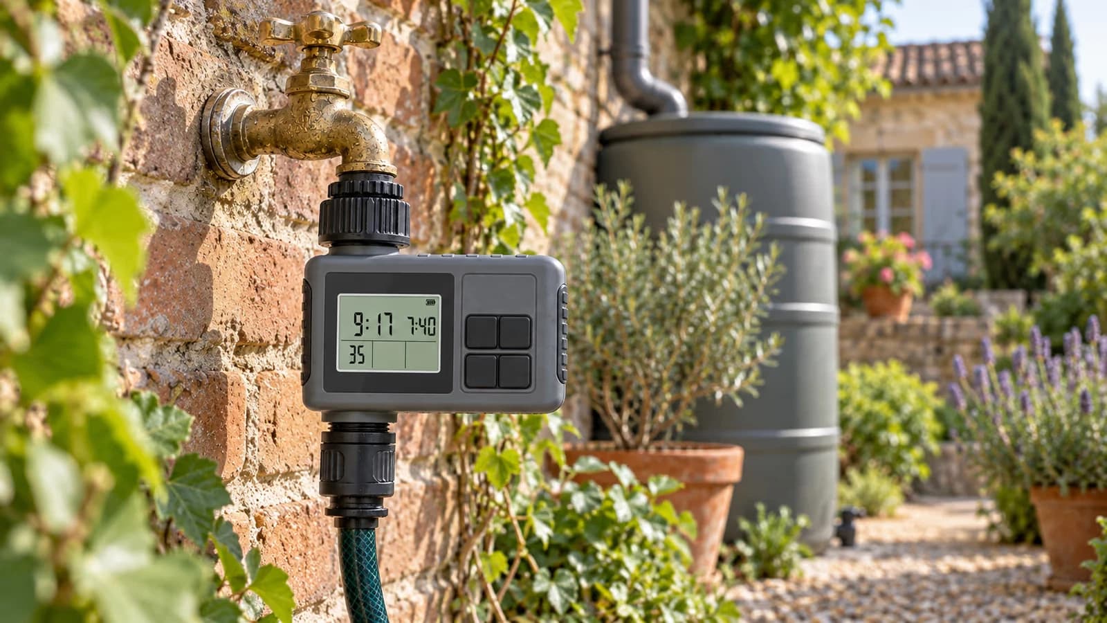 Programmateur d'arrosage à écran LCD vissé sur un robinet de mur, devant une cuve d'eau de pluie