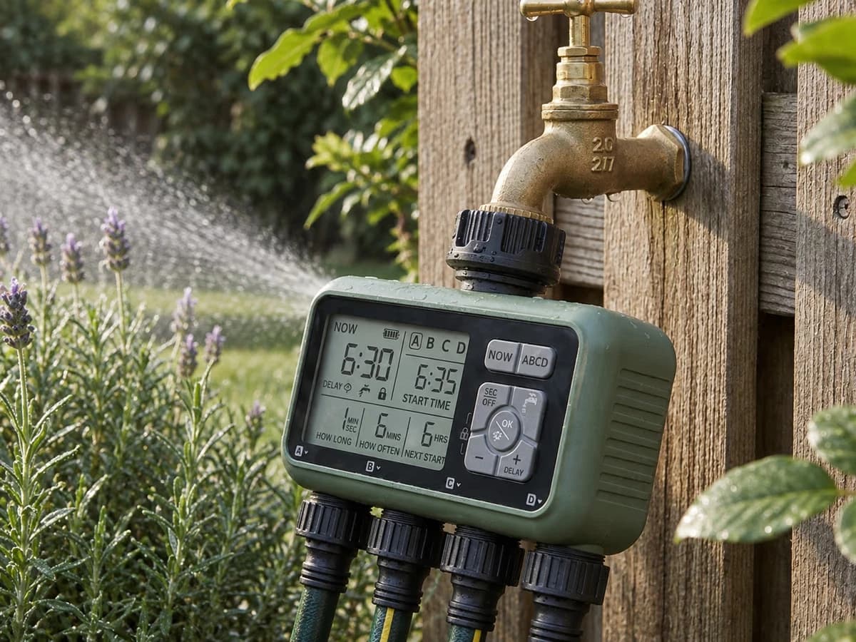 Programmateur d'arrosage 4 zones visse sur un robinet extérieur français, jardin flou en arriere-plan