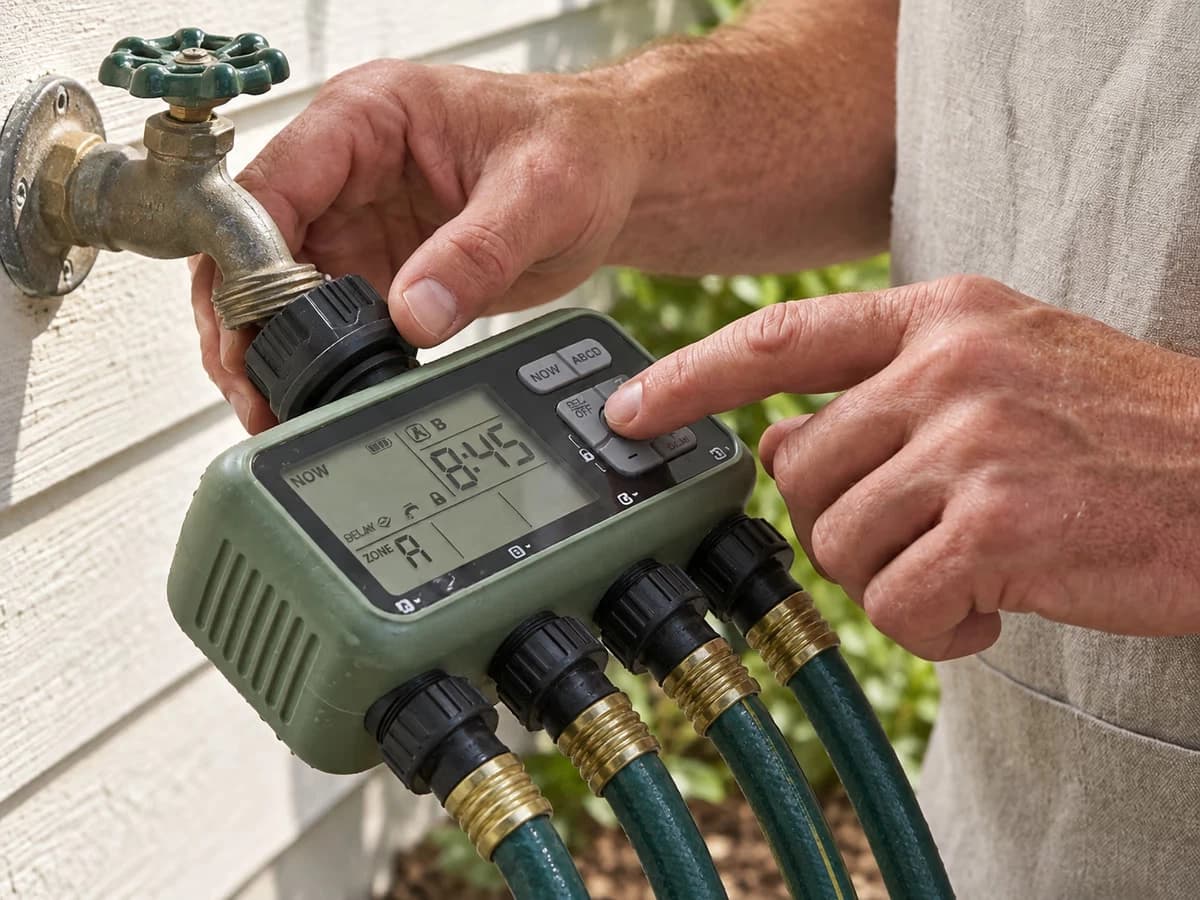 Mains adultes reglant les programmes sur l'ecran LCD du programmateur d'arrosage 4 zones