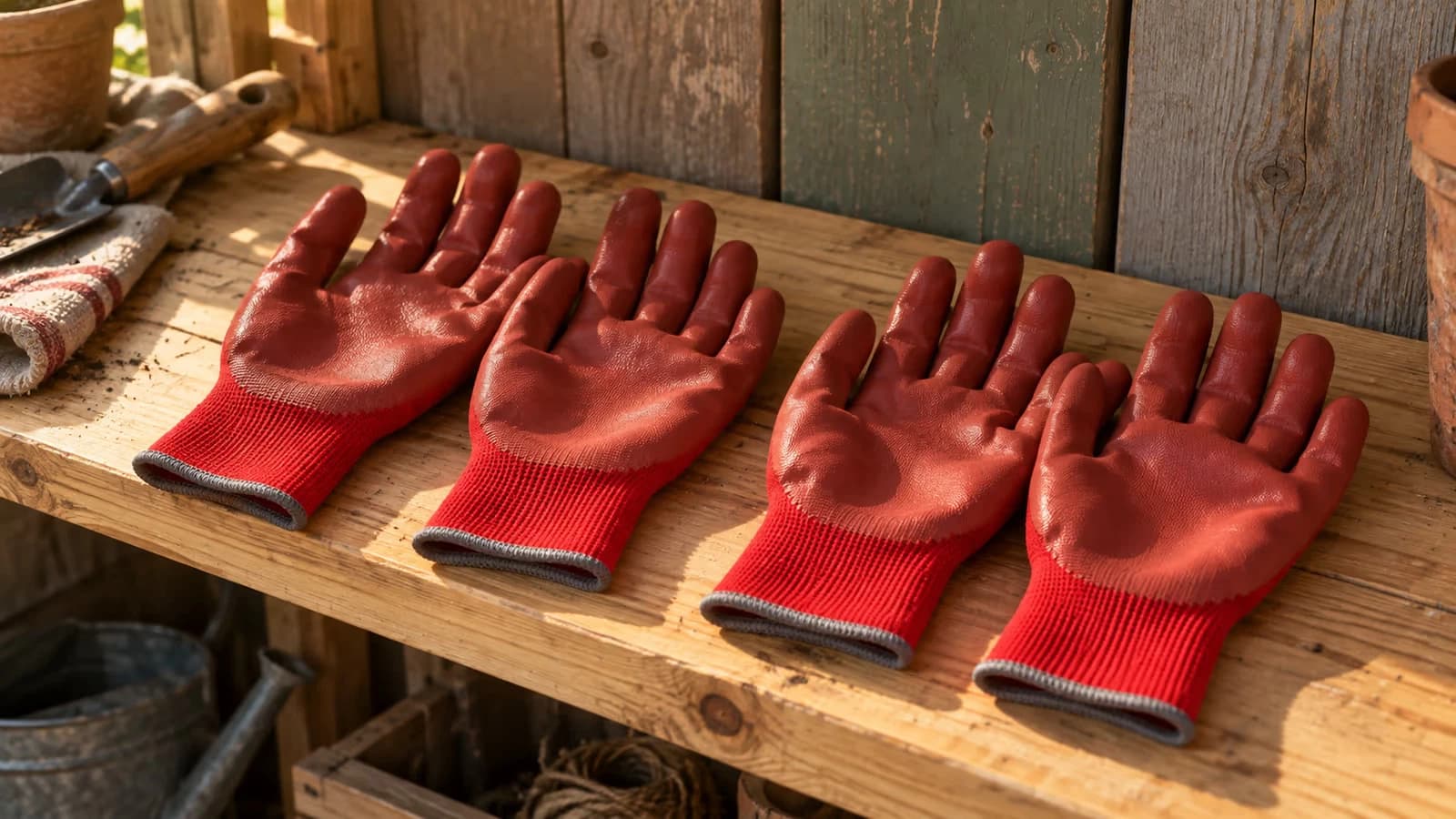 Deux paires de gants de jardinage à paume enduite posées côte à côte sur une tablette de bois dans un abri, lumière du matin