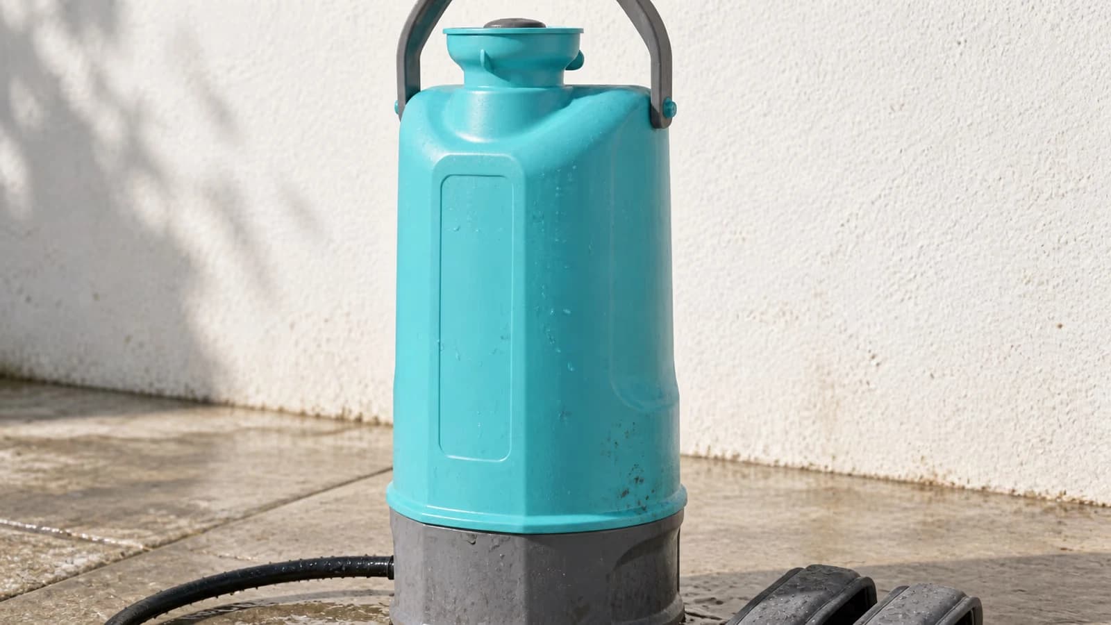Pulvérisateur électrique 5L à dos Jarditips posé sur dalle pierre claire, lance télescopique aluminium déployée