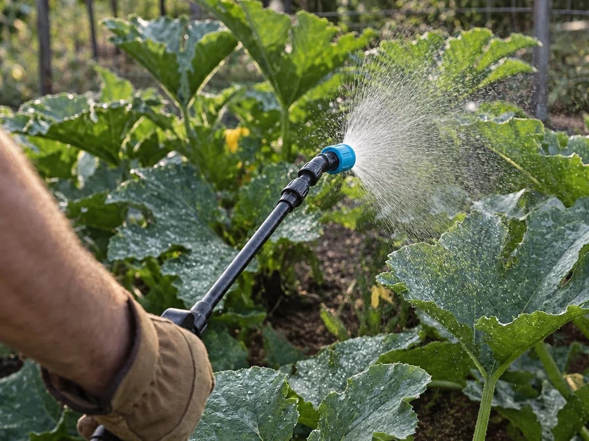 Application foliaire de purin d'ortie dilue au lever du soleil sur des courgettes, gouttes fines en contre-jour