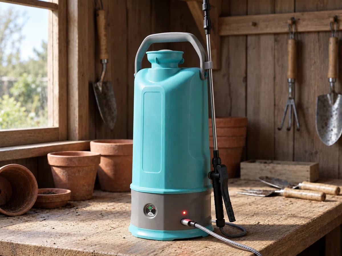 Pulverisateur electrique 5L en charge USB-C posee sur etabli bois clair dans atelier de jardin