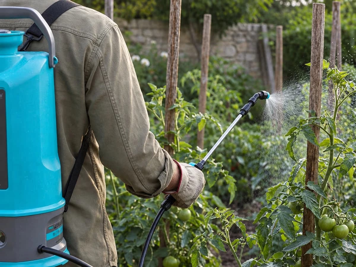 Pulverisateur electrique 5L a dos en action sur un rang de tomates, lance pulverisant fin brouillard sur feuillage
