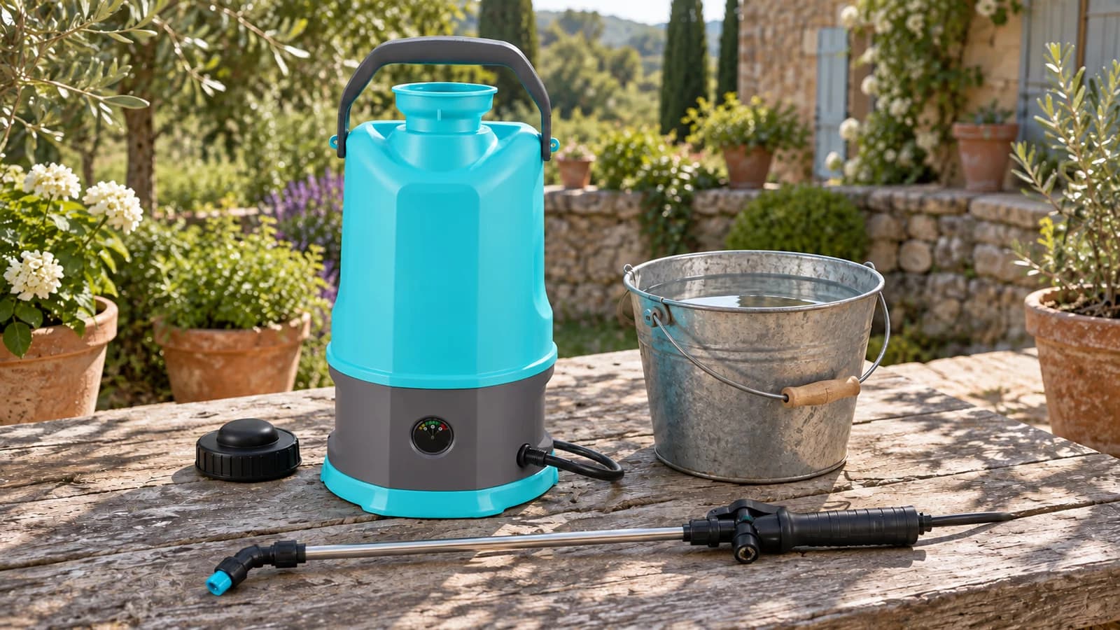 Pulvérisateur électrique à dos turquoise posé sur une table de jardin en bois, cuve ouverte et lance démontée à côté d'un seau d'eau claire