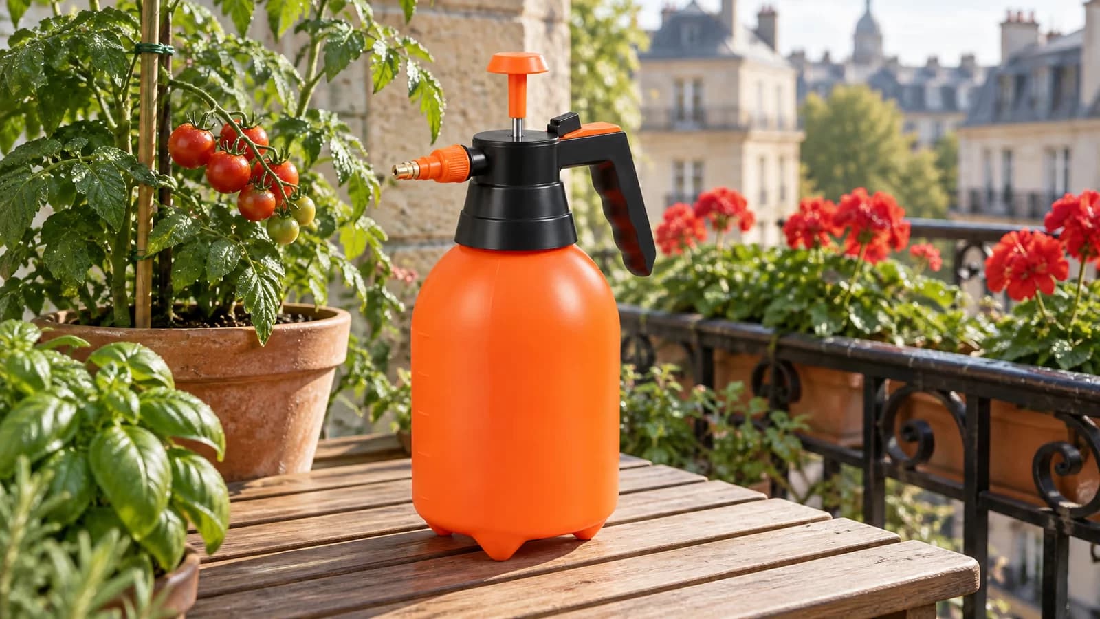 Pulvérisateur manuel orange de 2 L posé sur une table de balcon, pots de tomates et jardinière de géraniums derrière