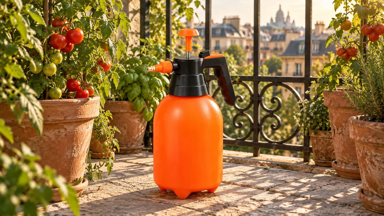 Pulvérisateur manuel orange de 2 L posé sur le rebord d'un balcon entre des pots de tomates, fin d'après-midi d'été
