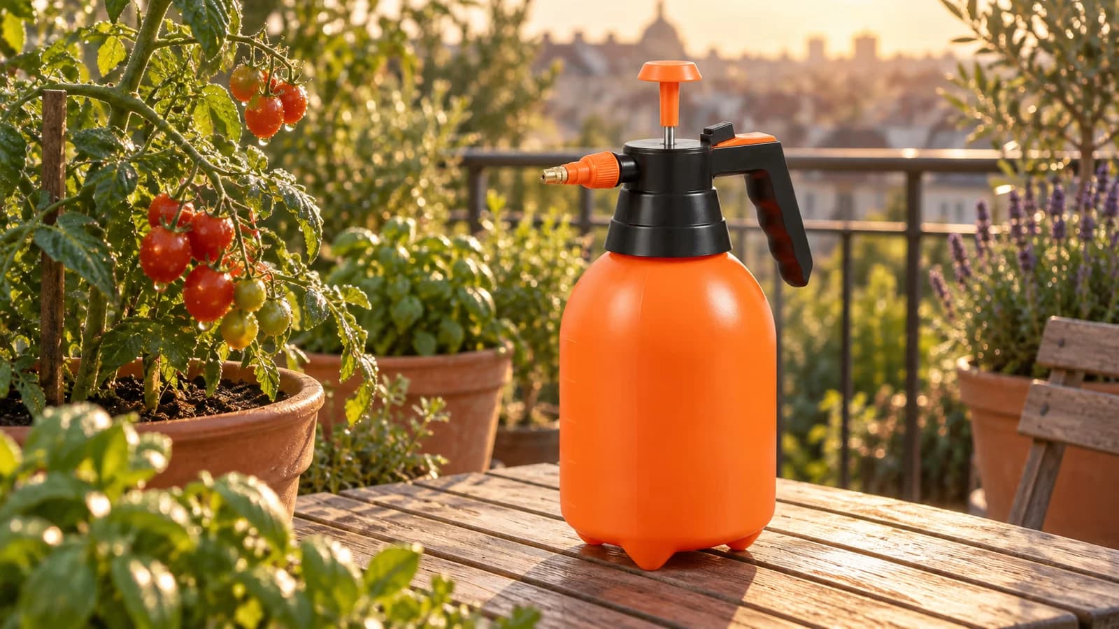 Pulvérisateur manuel de 2 L posé sur une table de balcon entre des jardinières de tomates au lever du jour