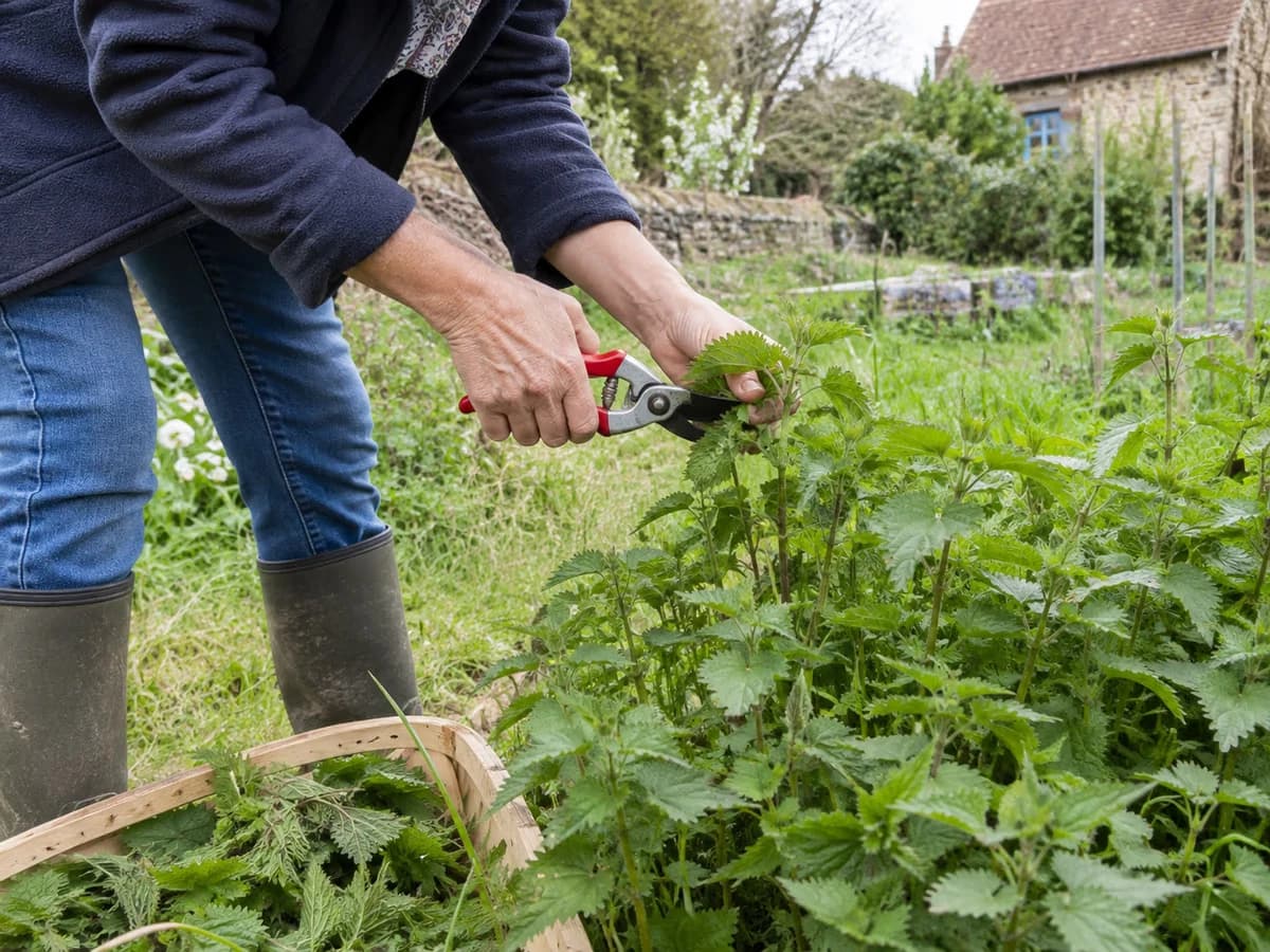 Cueillette d'orties tendres au sécateur dans un jardin de campagne français en avril