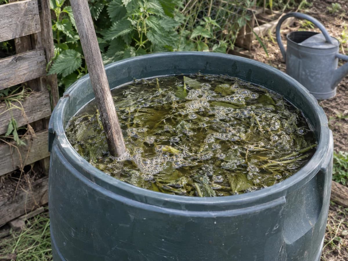 Cuve de fermentation de purin d'ortie en cours, bulles visibles en surface du liquide vert olive
