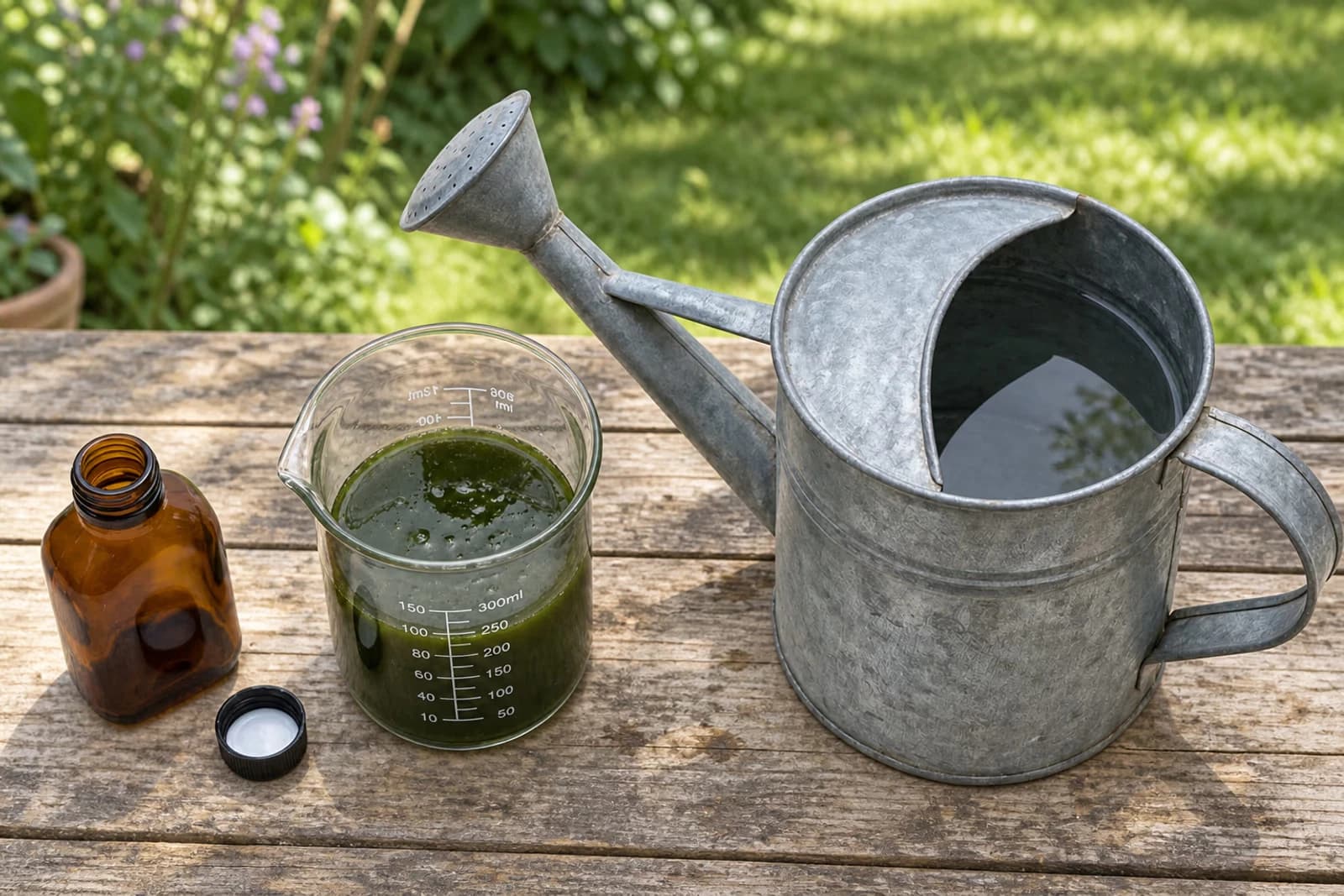 Arrosoir en zinc, gobelet doseur en verre et bidon ambré de purin d'ortie pour préparer une dilution à 10 pourcent