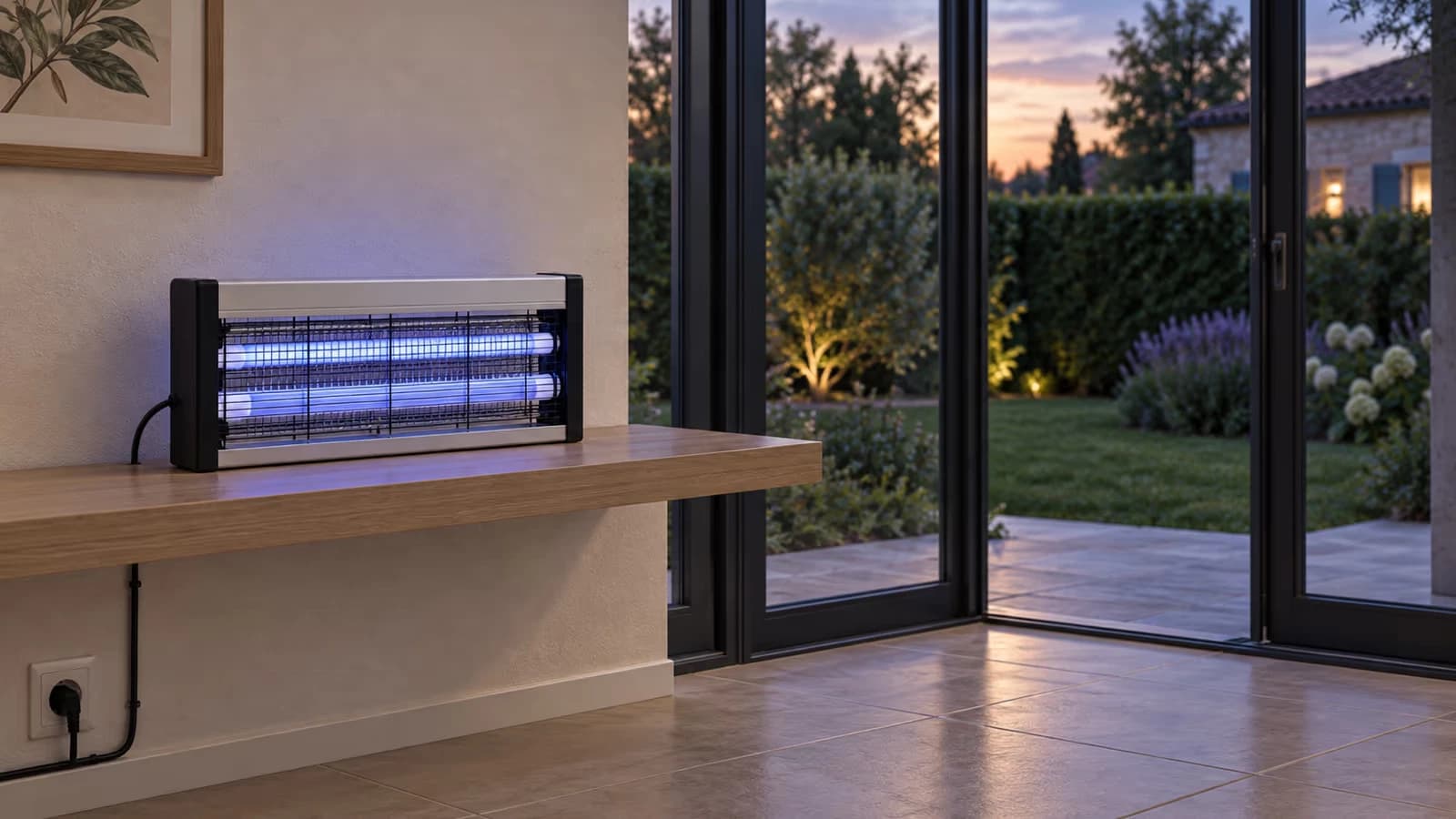 Véranda en début de soirée, lampe à tubes bleutés posée sur une étagère près d'une prise murale, façade grillagée dégagée