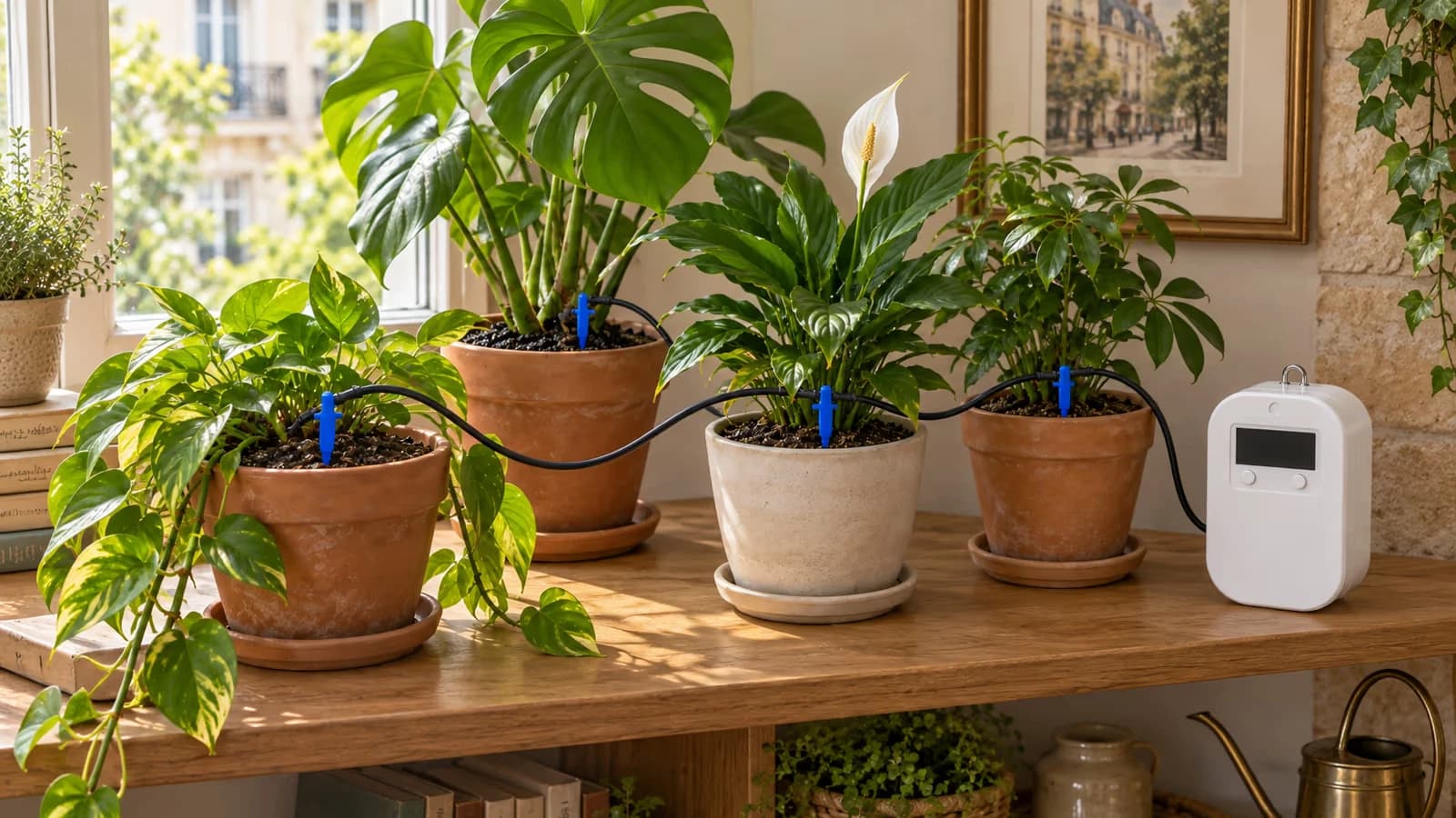 Rangée de pots verts sur une étagère près d'une fenêtre, terreau sombre et humide en surface