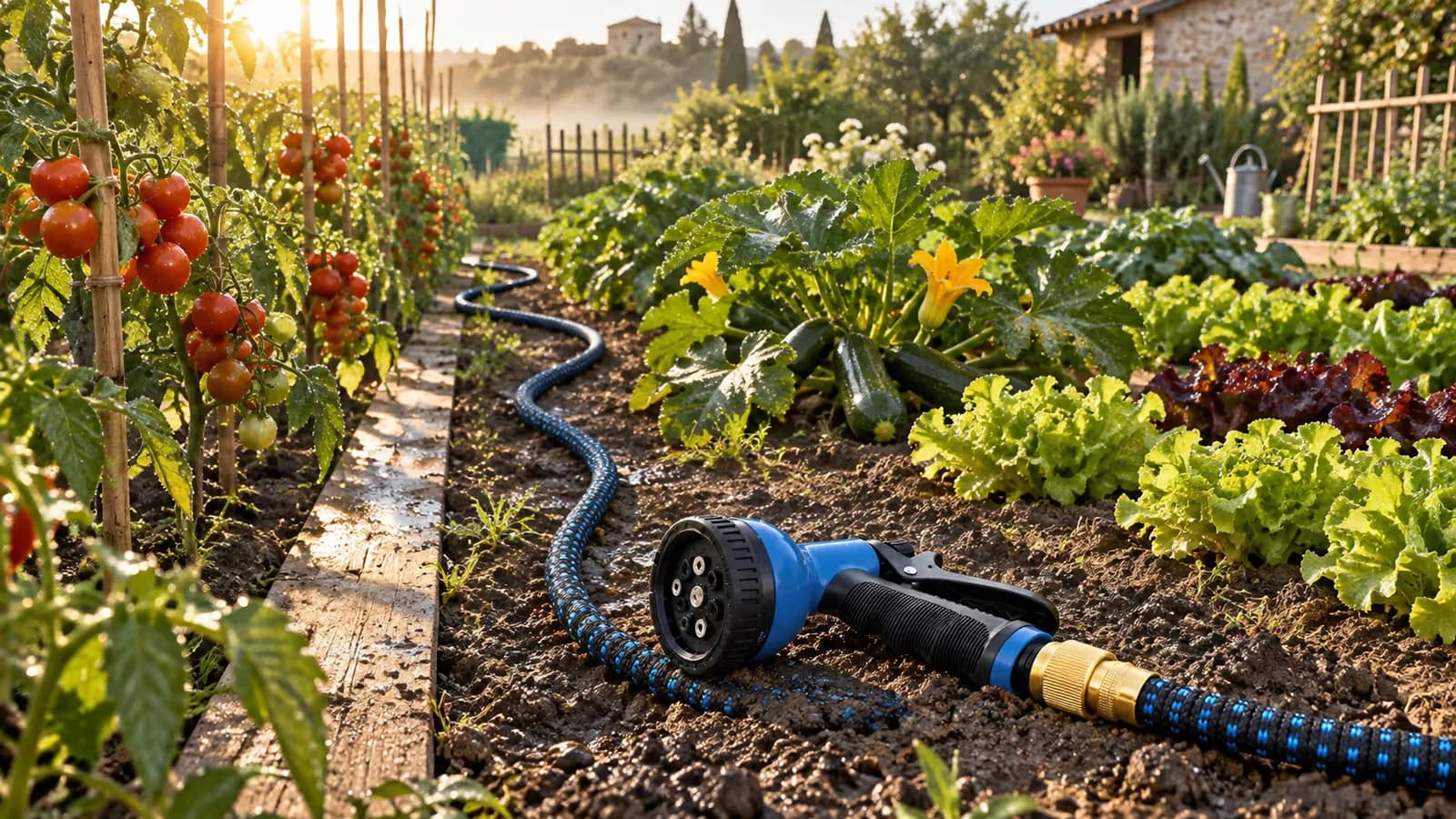 Rangées de légumes au lever du soleil, tuyau d'arrosage bleu déposé entre deux planches, terre sombre et humide