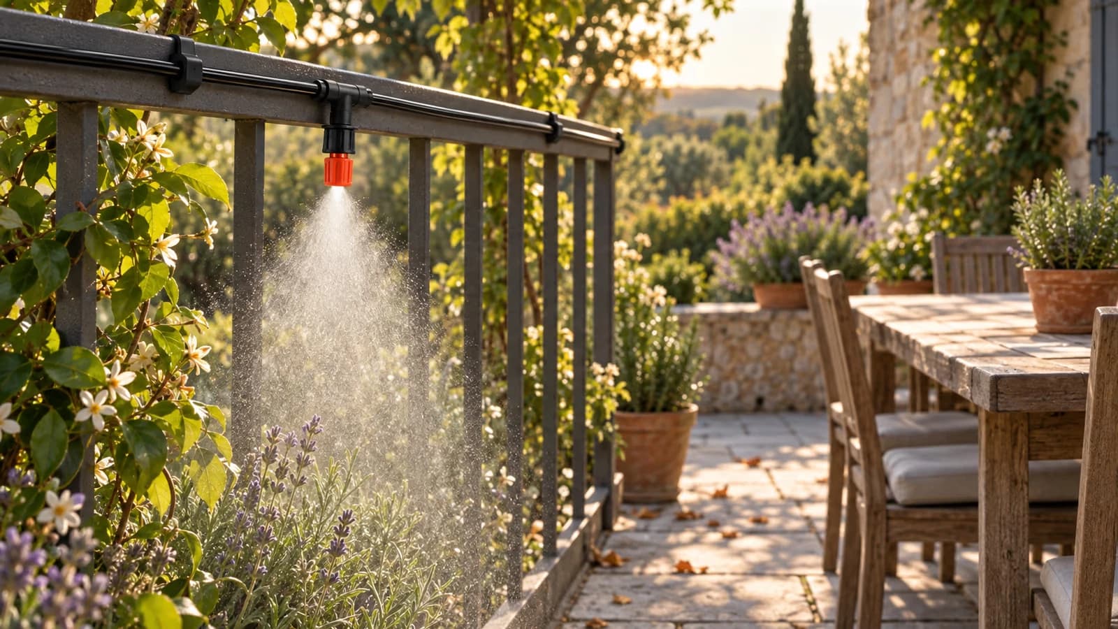 Terrasse ombragée en fin d'après-midi, fine brume sortant d'une buse orange au bout d'un tuyau de brumisation fixé sur une rambarde