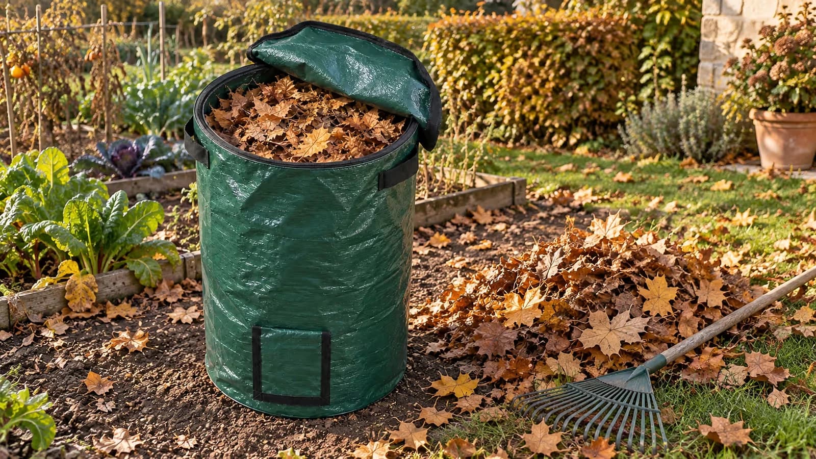 Mise en place d'un composteur souple rempli de feuilles mortes en automne