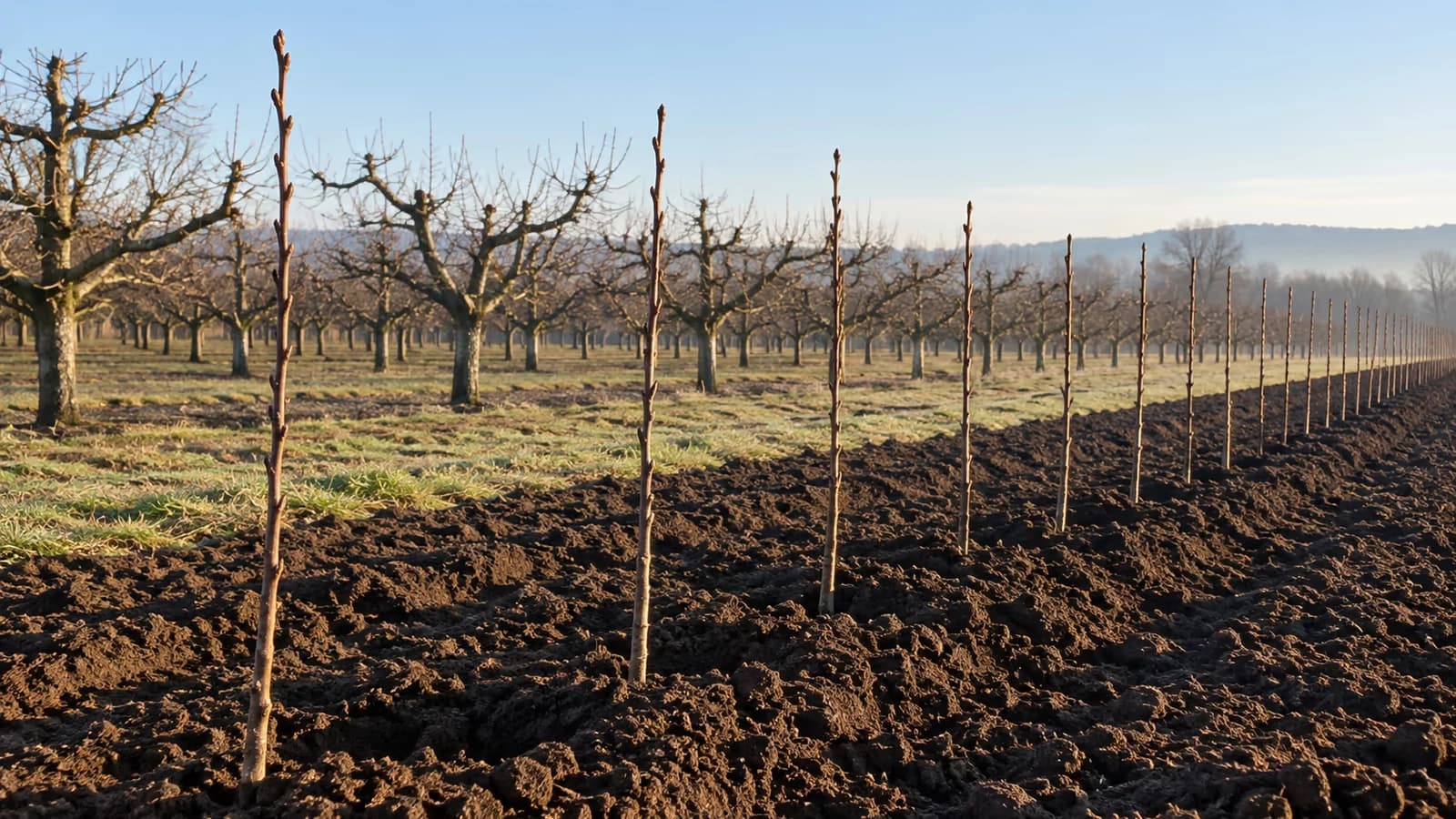 Rangée de jeunes porte-greffes en fin d'hiver, bourgeons encore fermés, ciel clair au-dessus d'un verger taillé