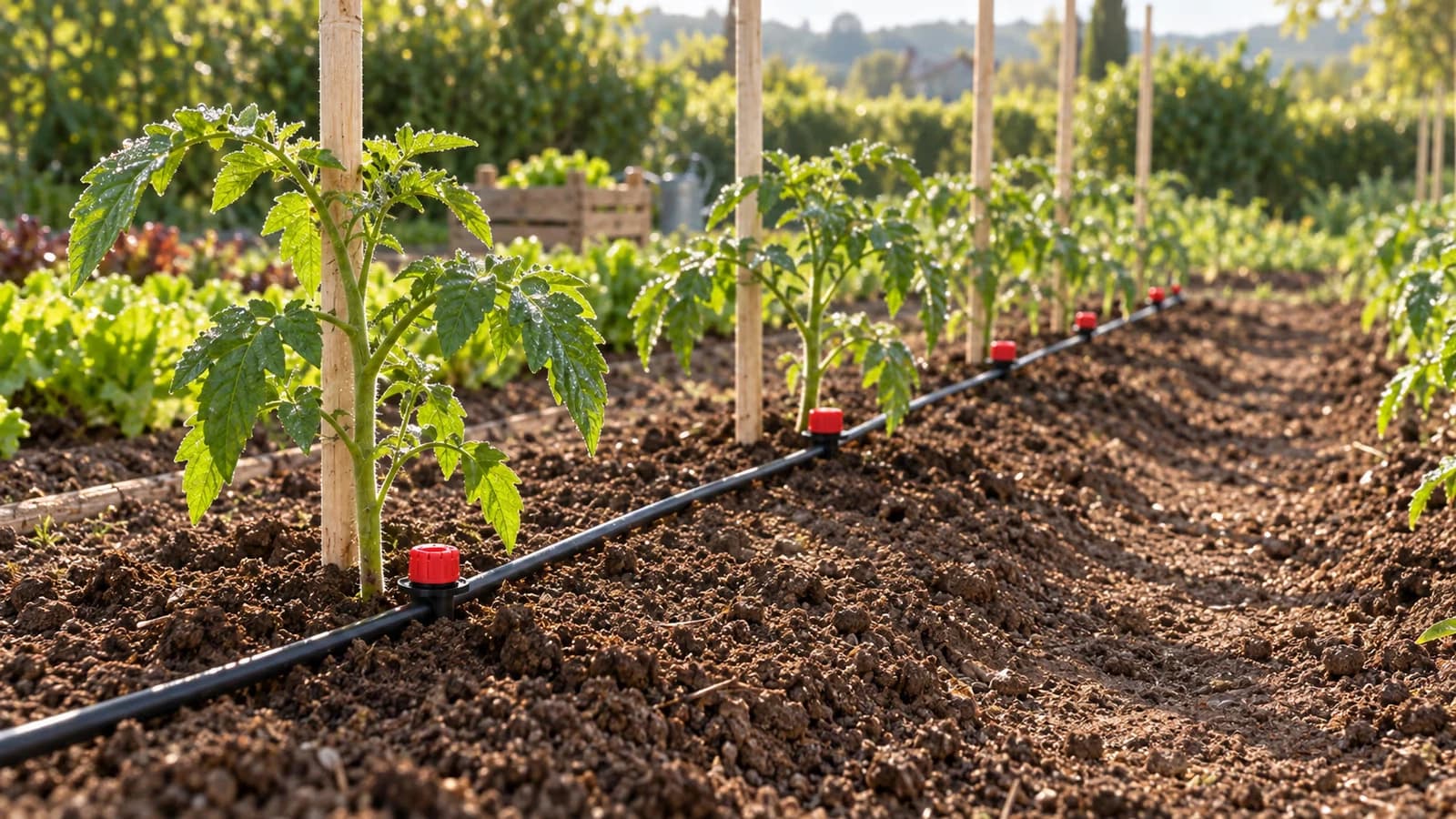 Rangs de potager fraîchement plantés au printemps, tuyau noir de goutte à goutte posé au sol le long des plants, lumière douce du matin