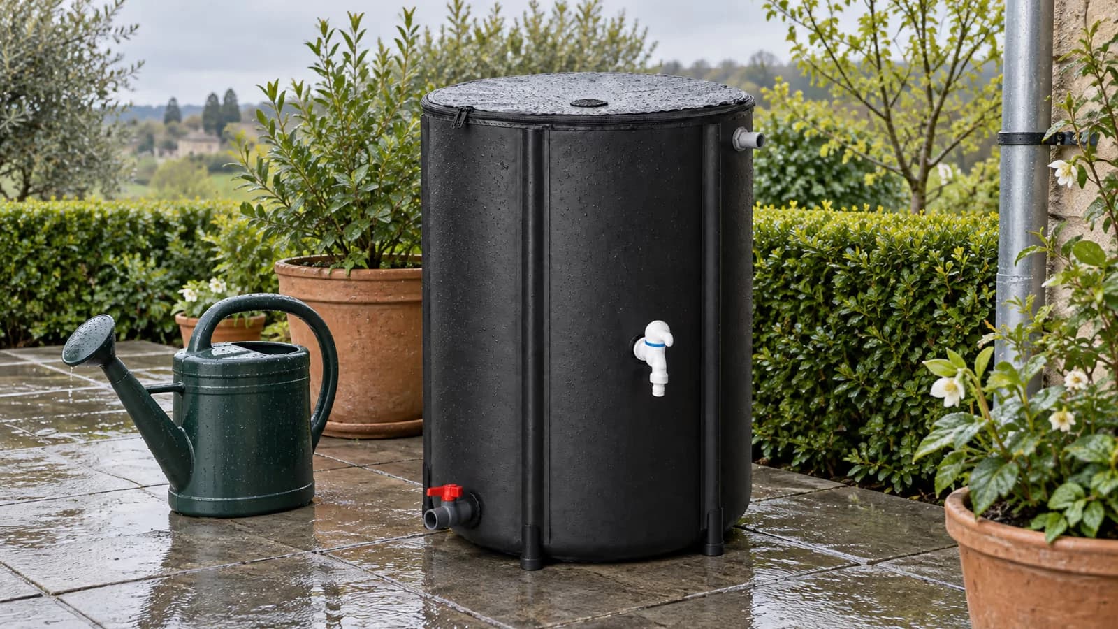 Contenant souple noir de 100 litres fraîchement monté sur une terrasse de jardin au printemps, arrosoir vert posé à côté, ciel couvert d'averse