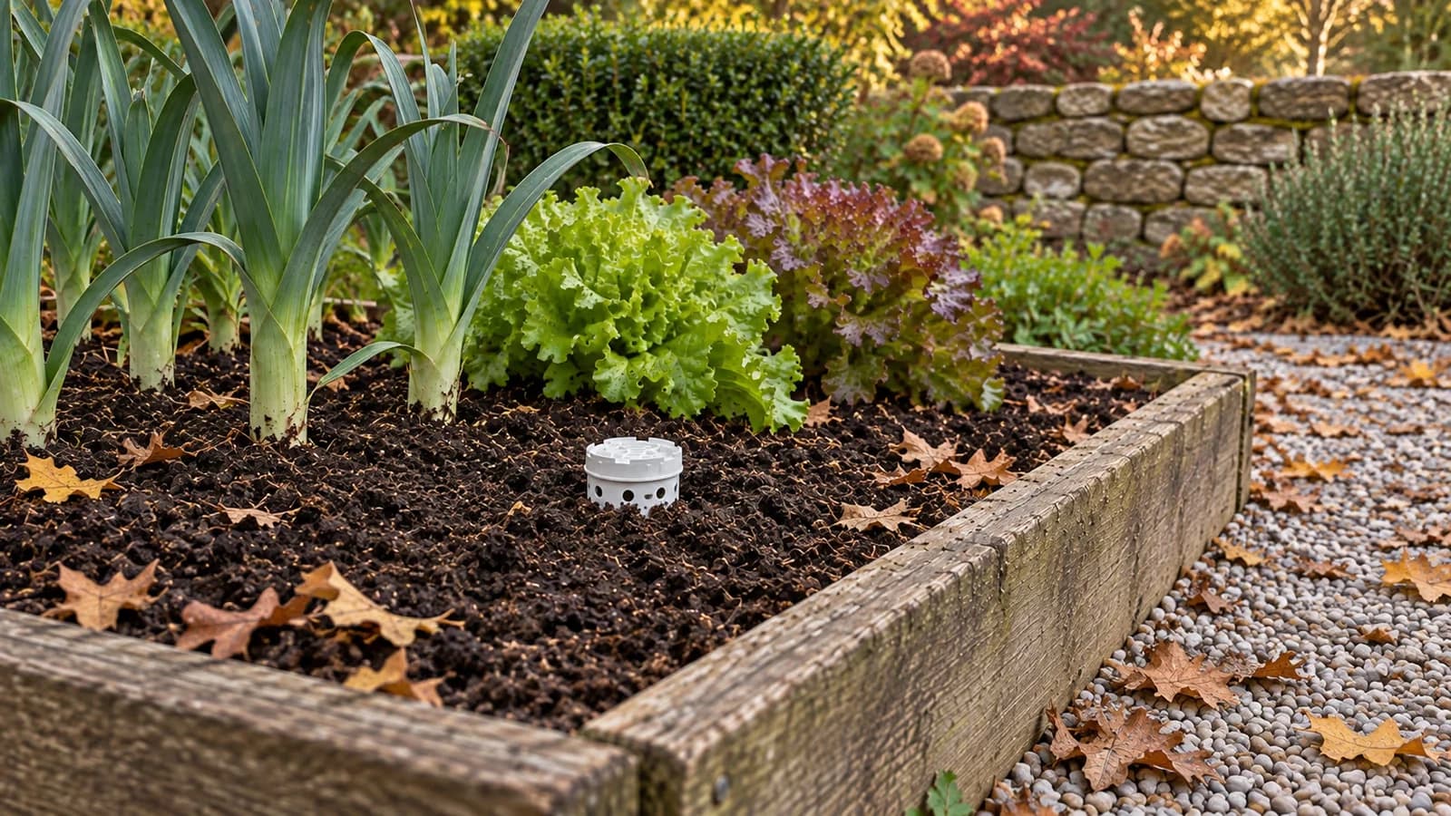 Lombricomposteur enterré au pied d'une planche de potager, seul le couvercle affleure