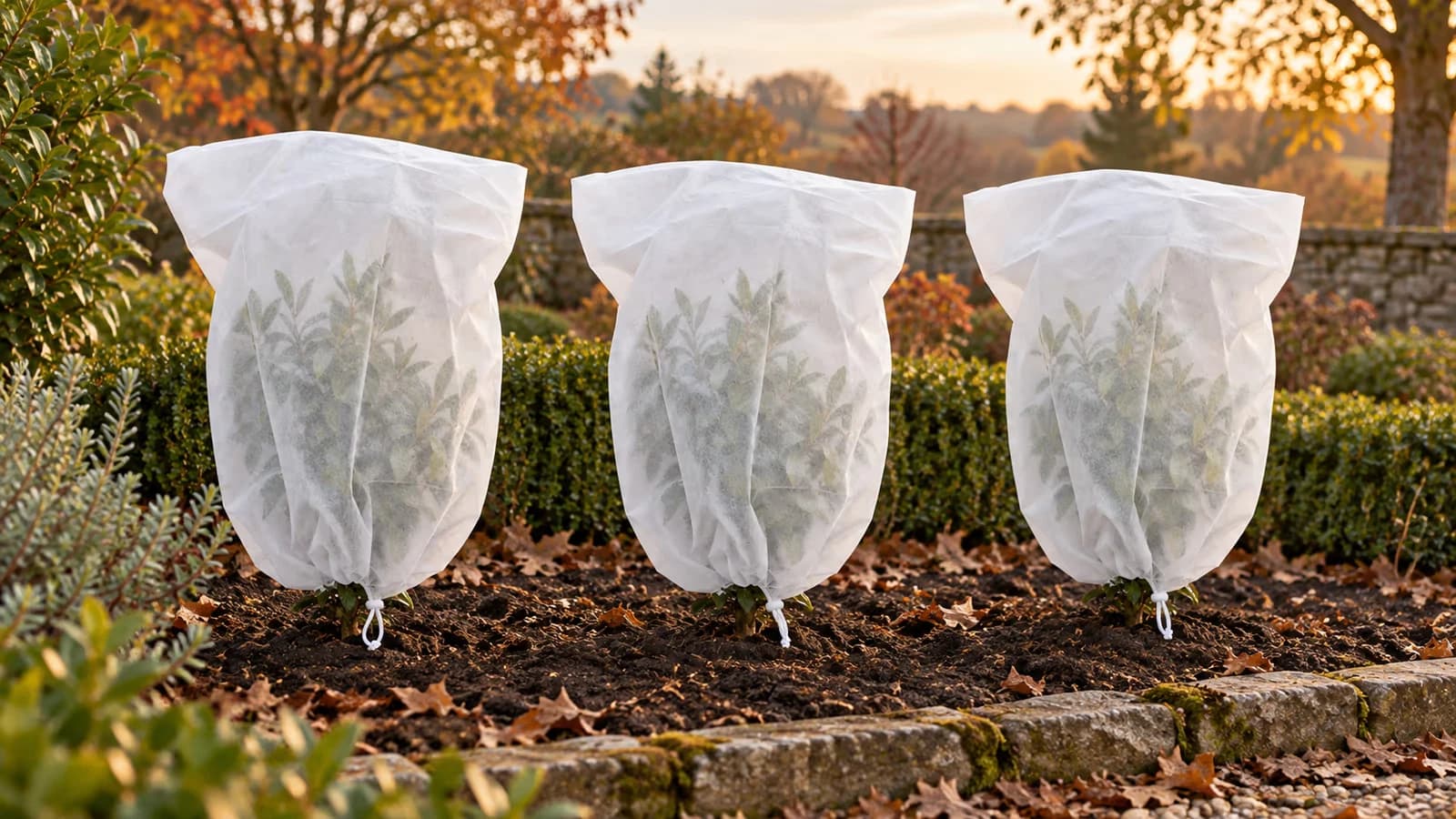 Jardin au crépuscule d'automne avec trois housses d'hivernage enfilées sur de jeunes arbustes