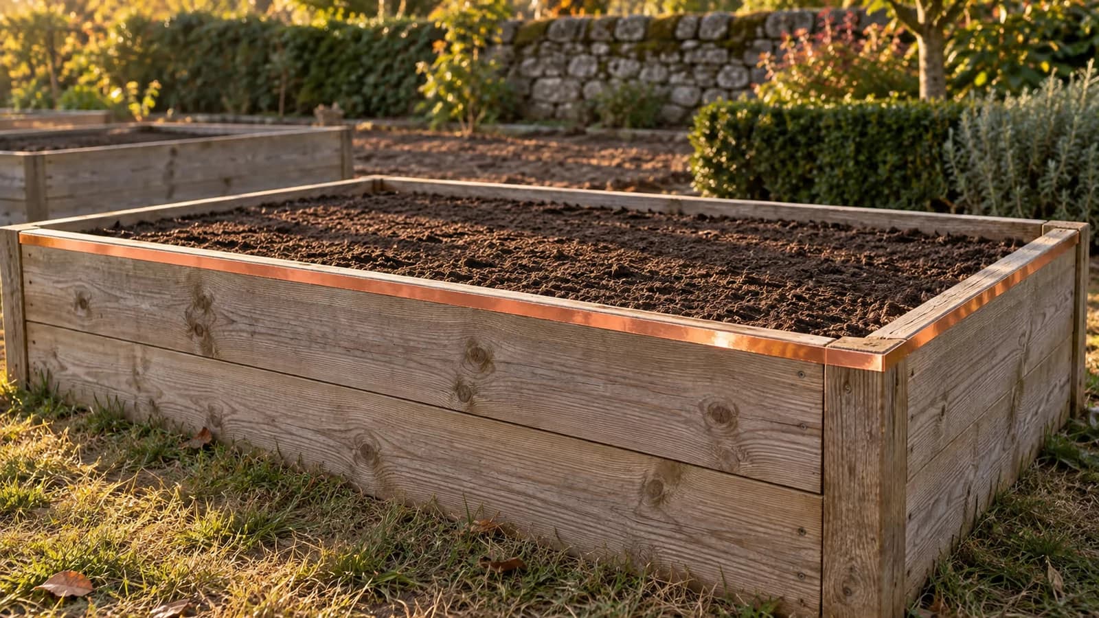 Bac de potager surélevé au rebord garni d'une fine bande de cuivre, terre fraîche, lumière rasante d'automne