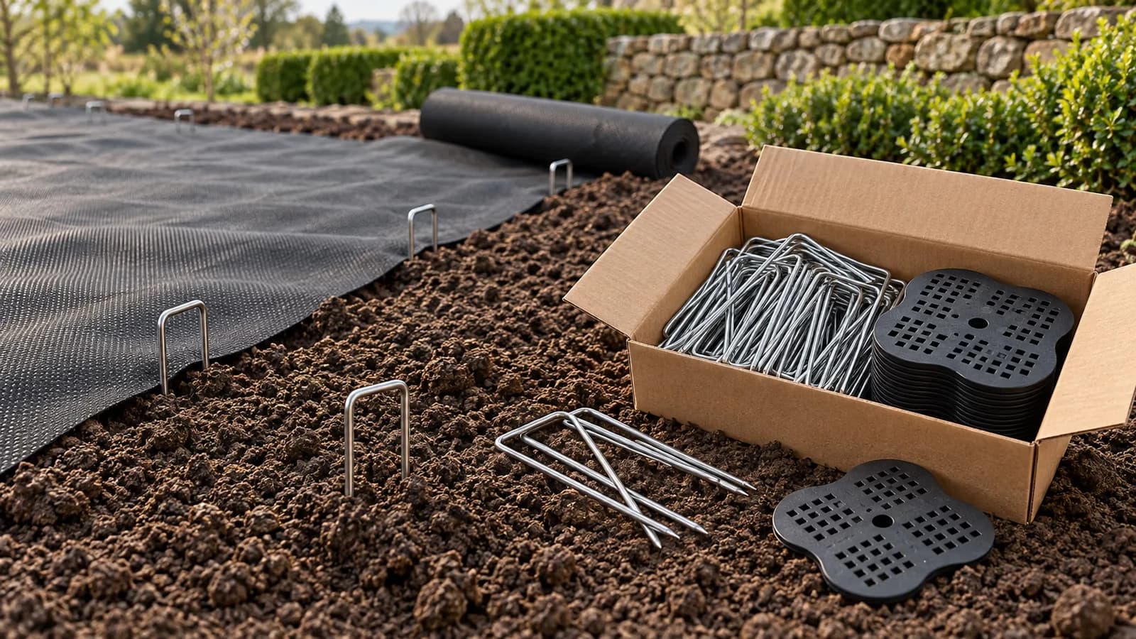 Planche de potager ameublie au printemps prête à recevoir une toile de paillage, carton de crampons ouvert au premier plan