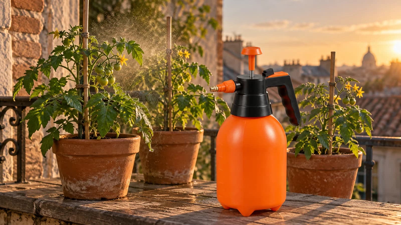 Pulvérisateur de 2 L posé sur une tablette de balcon devant de jeunes plants de tomates, lumière de fin de journée