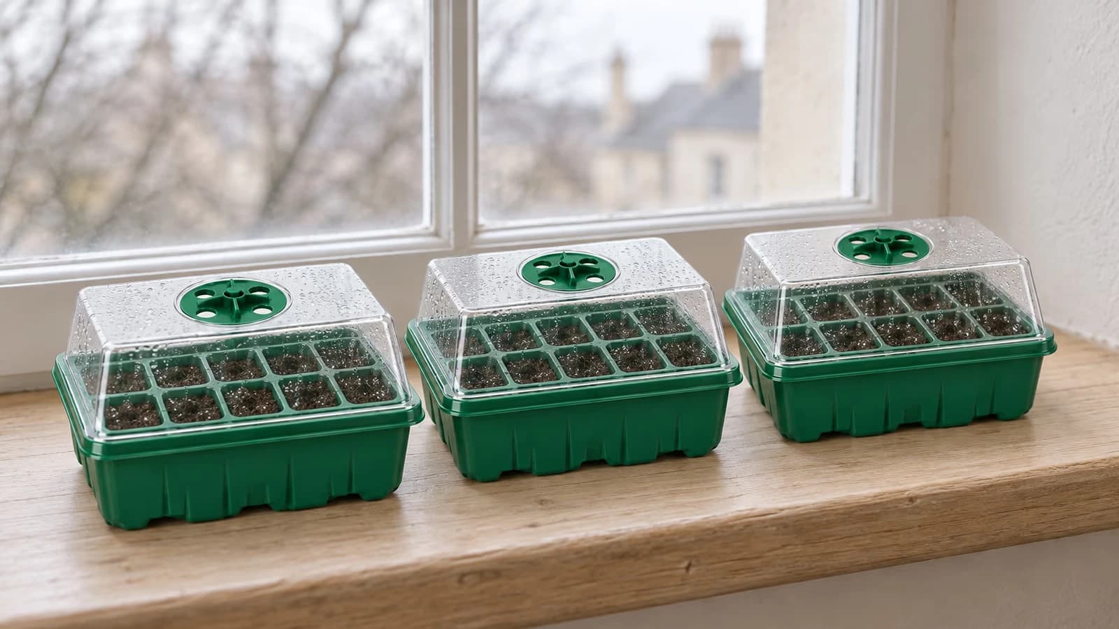 Trois mini serres de germination à dôme transparent alignées sur un rebord de fenêtre, lumière pâle de fin d'hiver