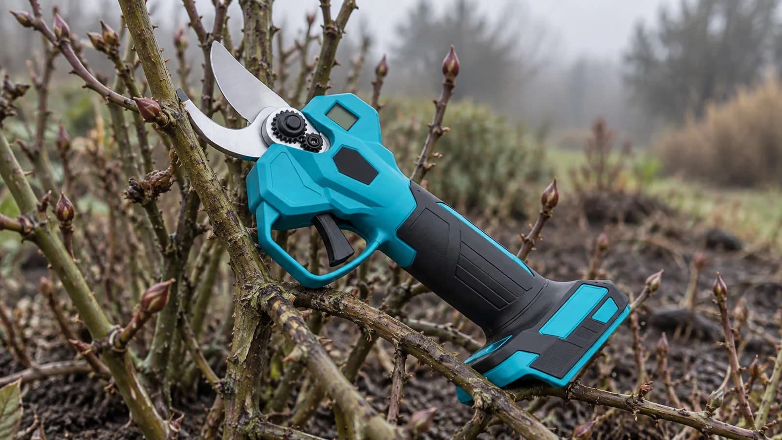Sécateur électrique posé en travers d'un rosier encore nu en fin d'hiver, bourgeons gonflés sur les tiges