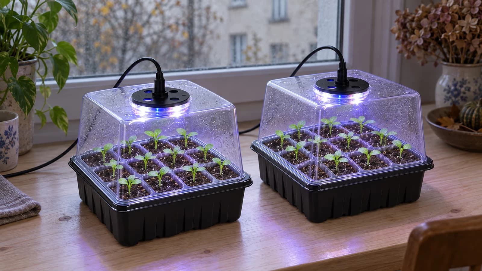 Deux mini serres noires à dôme transparent éclairées de l'intérieur, posées sur une table près d'une fenêtre grise d'automne
