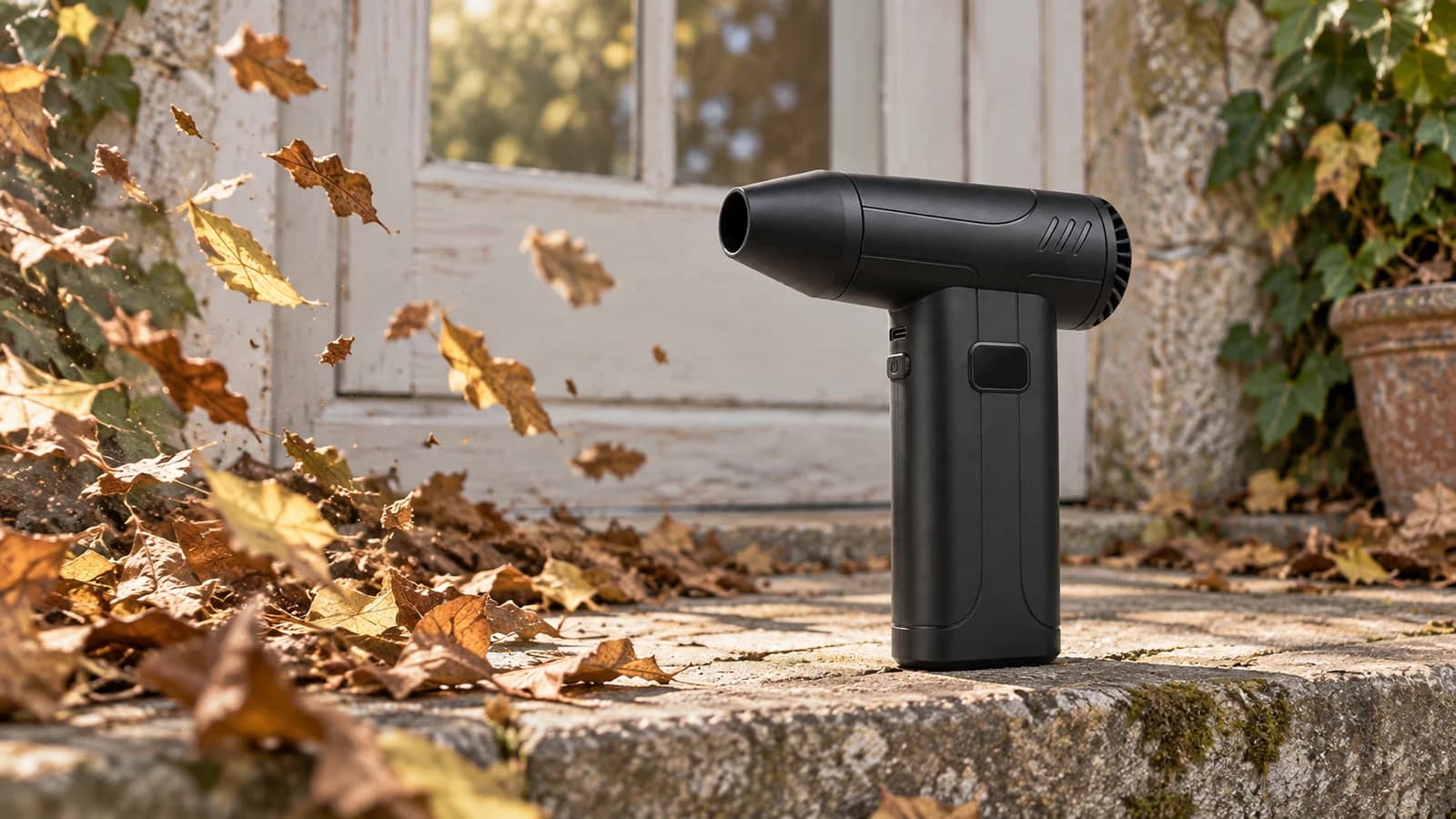 Mini souffleur de feuilles rechargeable noir en action sur un seuil de porte par temps sec