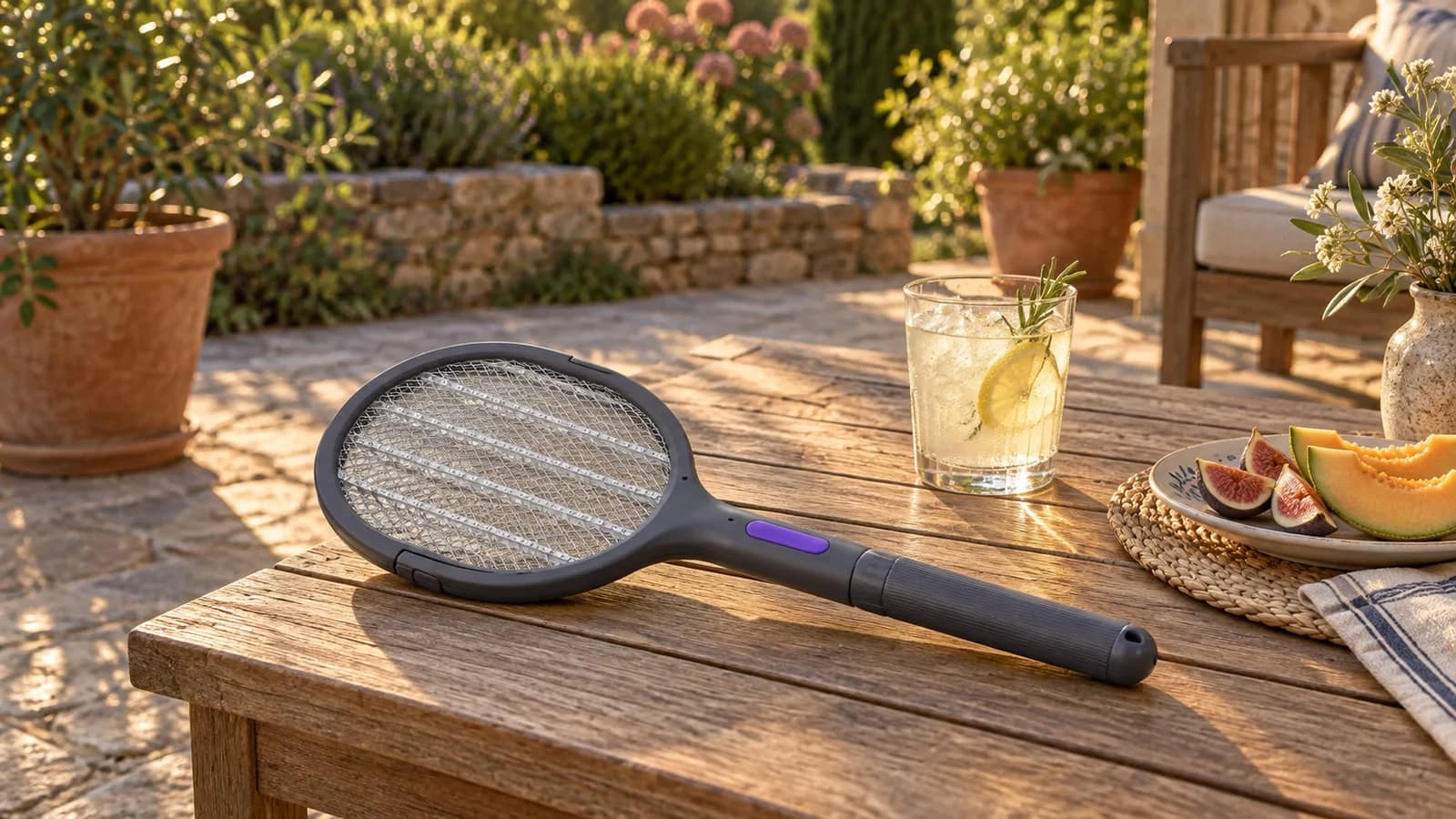 Terrasse de fin d'après-midi en été, raquette anti moustique gris foncé posée sur une table basse près d'un verre et d'un plat de fruits