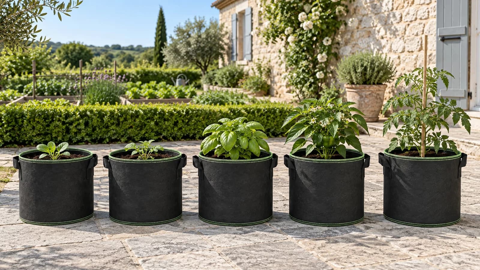 Cinq sacs de culture en tissu alignés sur une terrasse en pierre, plants à des stades de croissance différents