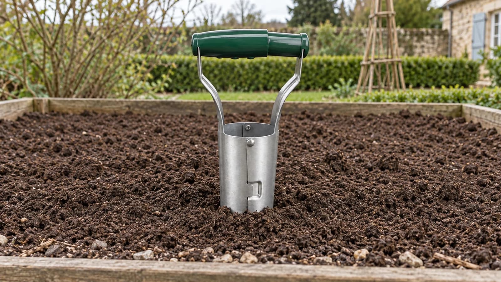 Planche de potager ameublie et émiettée, prête à recevoir un jeune plant au printemps