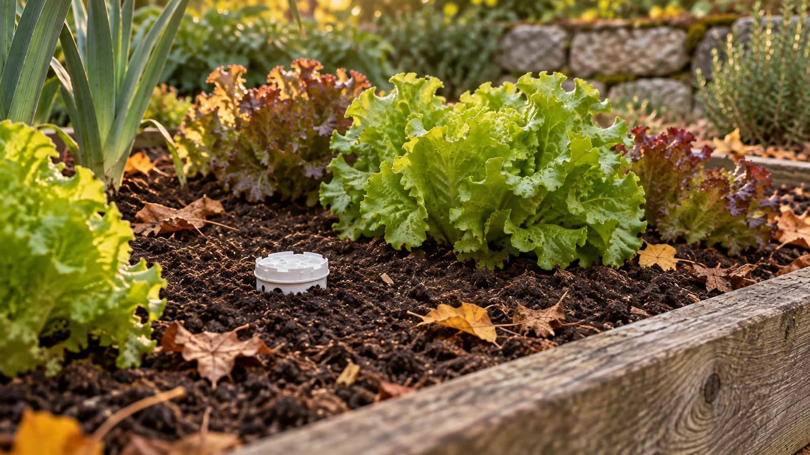 Lombricomposteur extérieur enterré au ras du sol dans une planche de potager, couvercle blanc affleurant entre deux rangs de salades