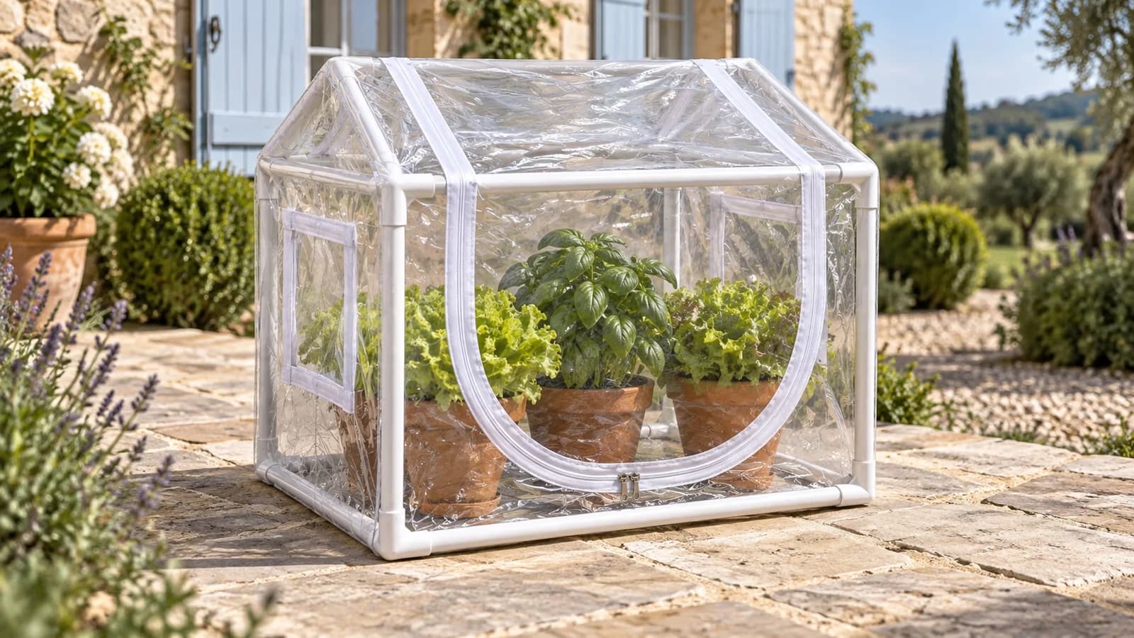 Mini serre transparente à armature blanche posée sur une terrasse, pots de laitue et de basilic alignés à l'intérieur
