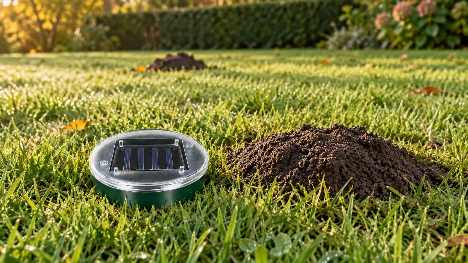 Piquet répulsif solaire planté au bord d une taupinière fraîche dans une pelouse