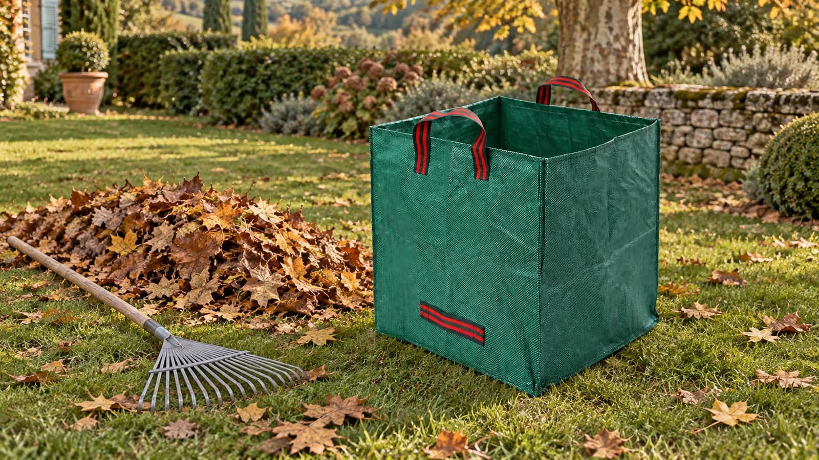 Sac de jardin pliable de 270 litres en toile tissée posé sur une pelouse, ouverture complète tournée vers un tas de feuilles mortes