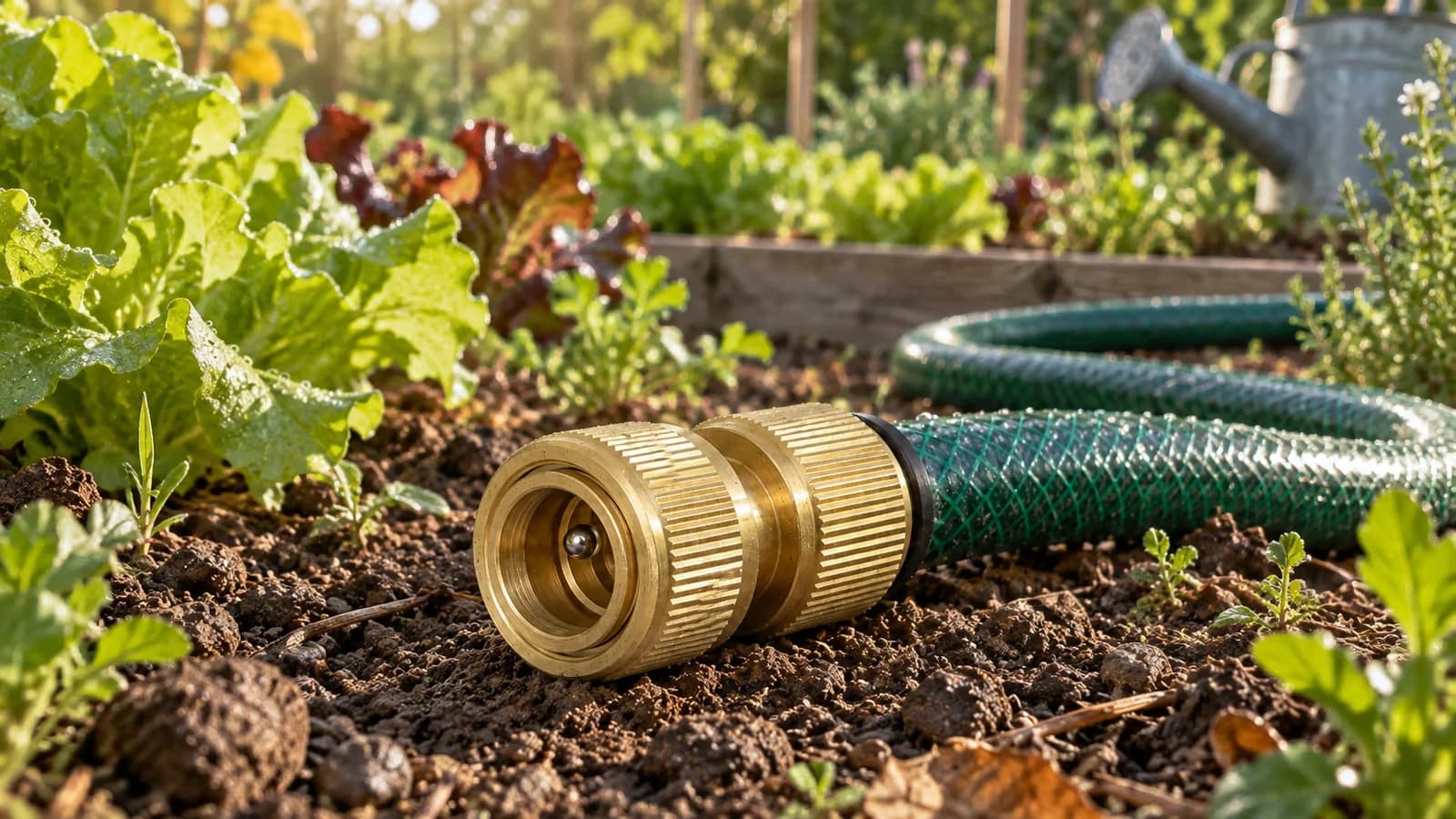 Raccord rapide en laiton au bout d'un tuyau d'arrosage vert posé sur le bord d'un potager au printemps