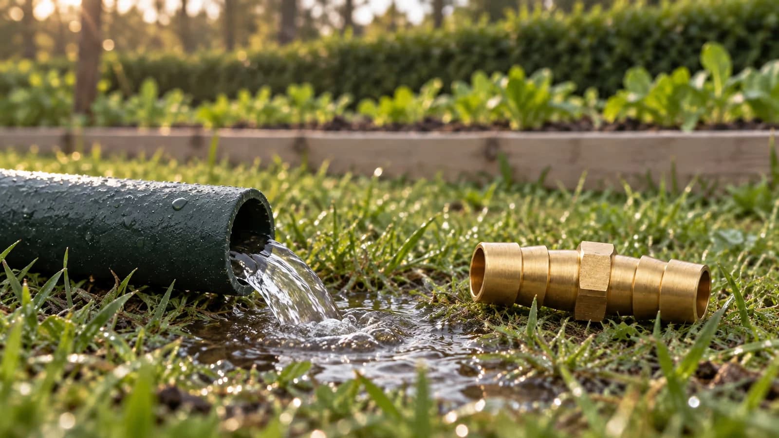 Extrémité d'un tuyau d'arrosage vert déboîté d'un manchon en laiton, eau coulant sur le sol