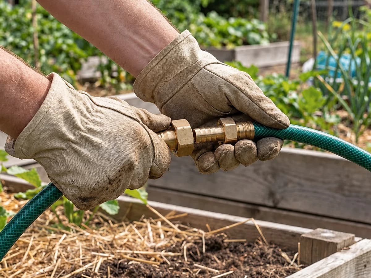 Mains gantees clipsant une jonction rapide laiton entre deux brins de tuyau vert dans un potager familial
