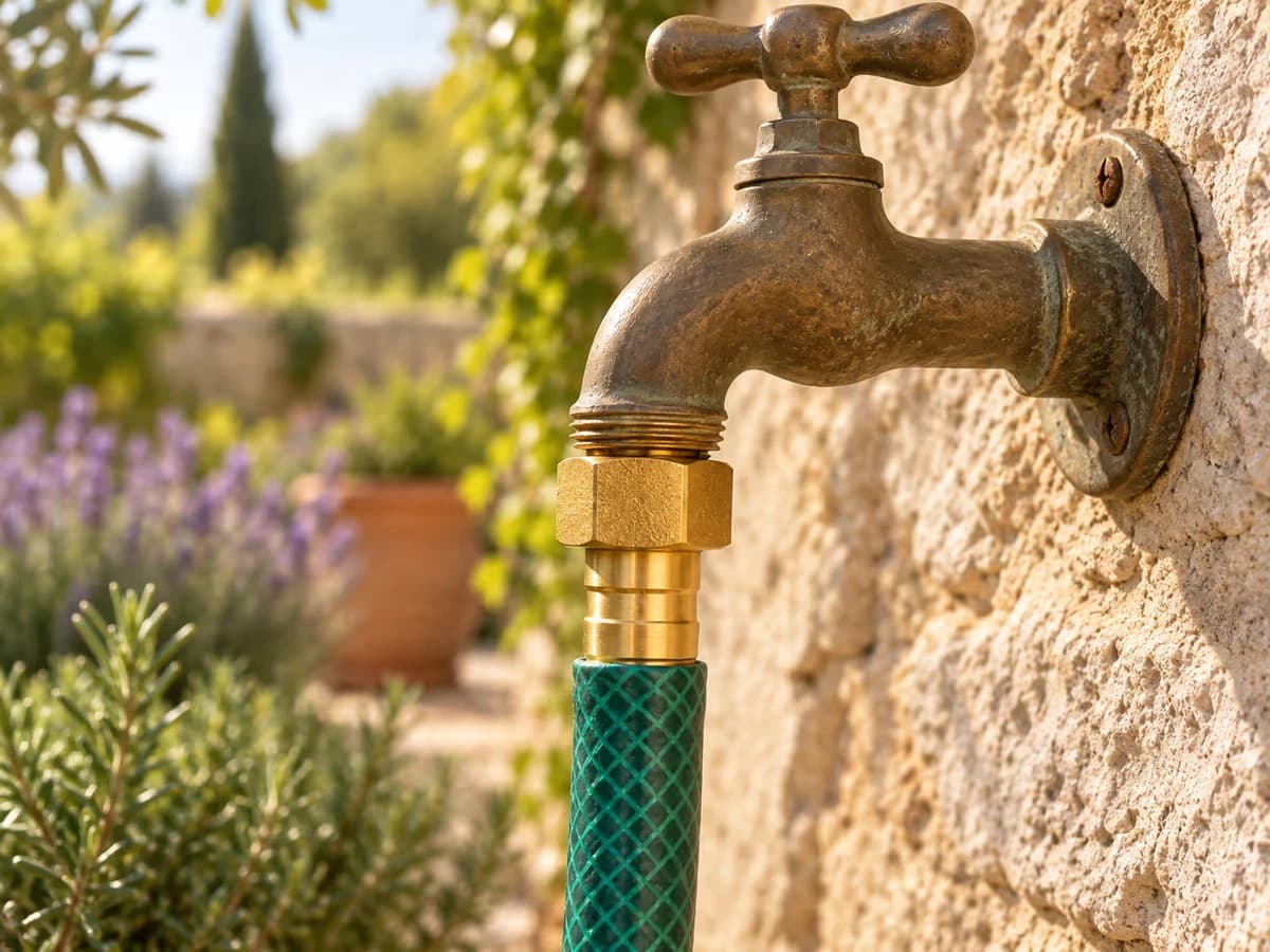 Raccord laiton plein visse sur un robinet de jardin en mur de pierre, tuyau vert connecte, lumiere matinale doree