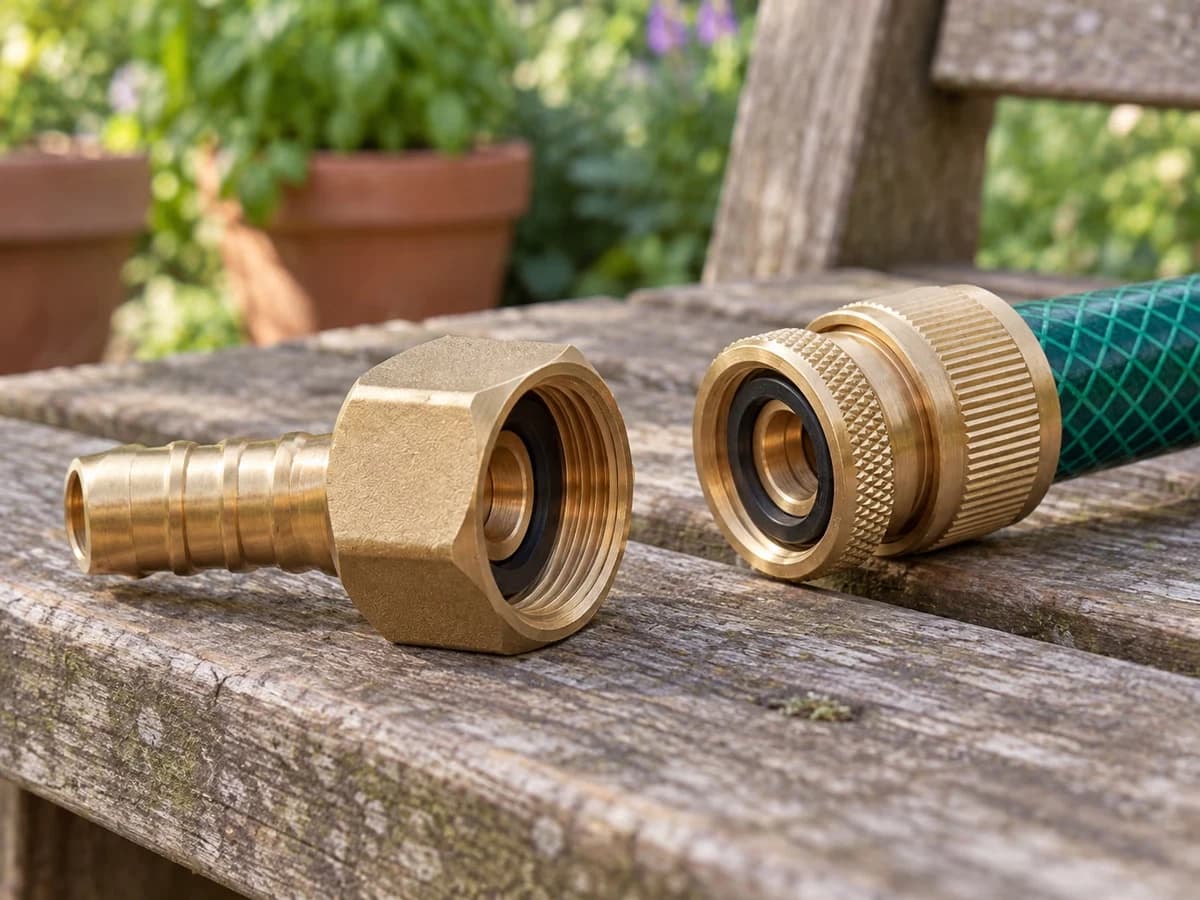 Stop water laiton ferme après declippage de la lance, aucune goutte ne s'echappe, fond potager flou