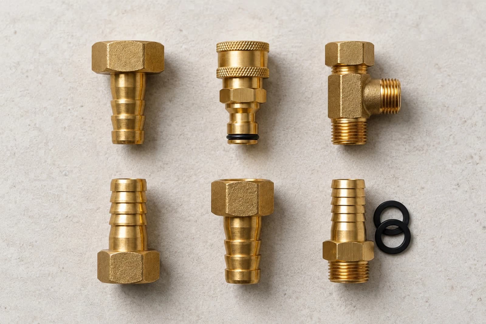 Flat-lay studio des six raccords laiton du kit Jarditips : nez de robinet, jonction rapide, stop water, multifonction, raccord rapide femelle, kit reparation joint