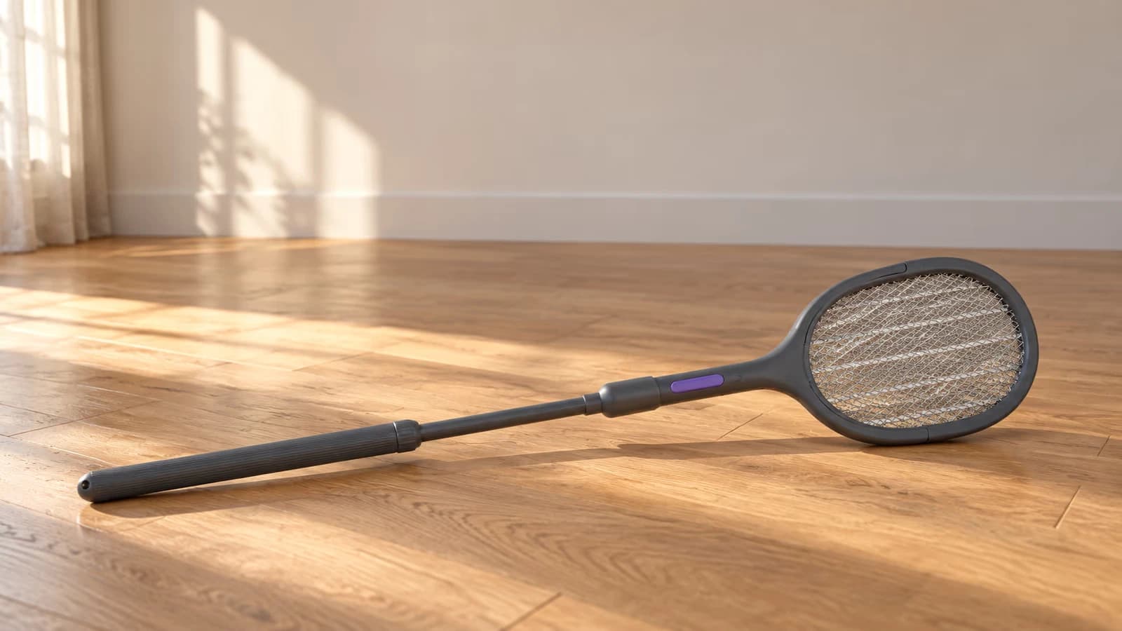 Raquette anti moustique gris foncé à tête ovale, manche télescopique déployé, posée sur un parquet de chambre, mur clair et plafond derrière