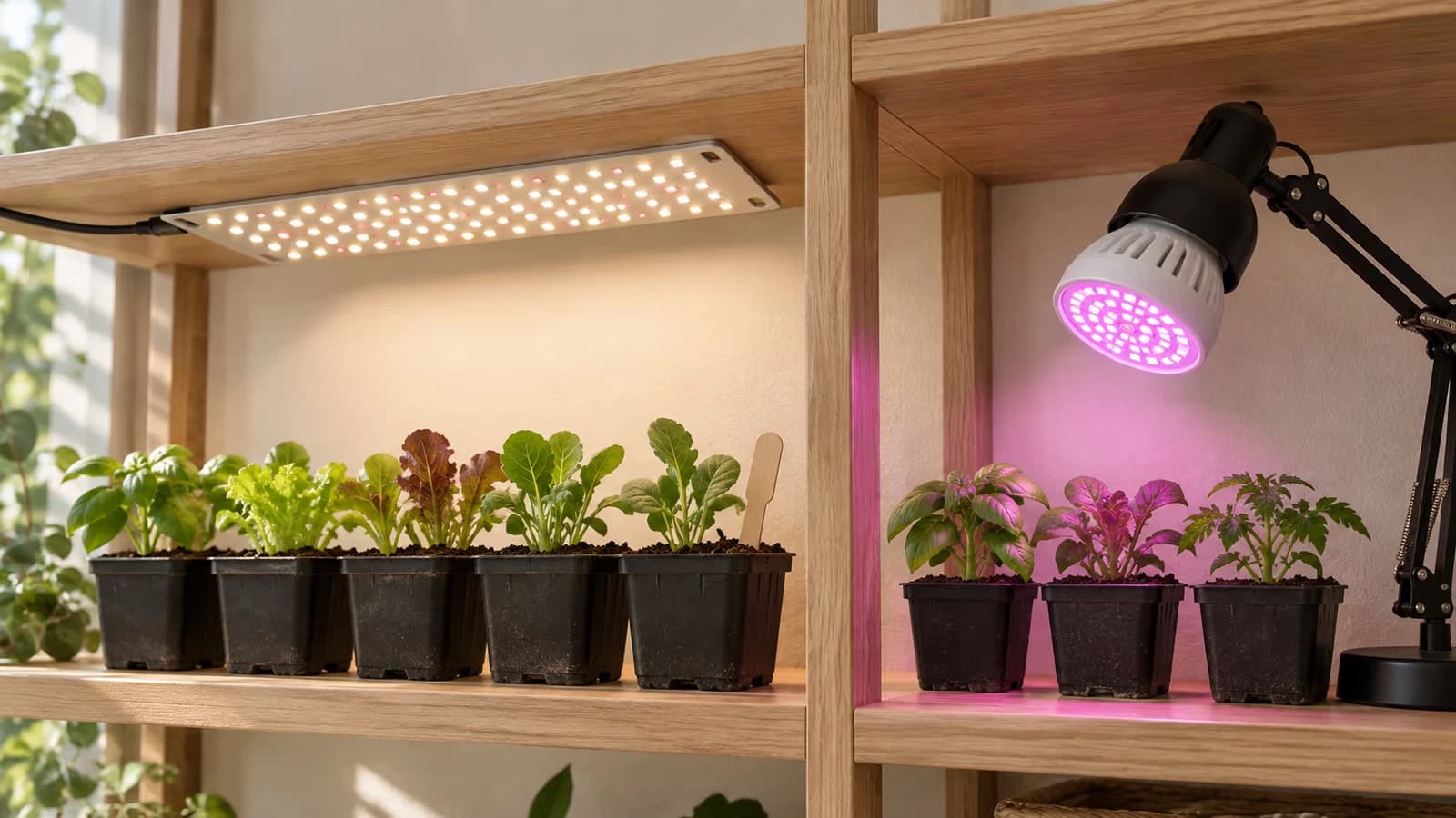 Réglette plate fixée sous une tablette en bois au-dessus de godets de semis, face à une ampoule horticole rose vissée dans une lampe articulée