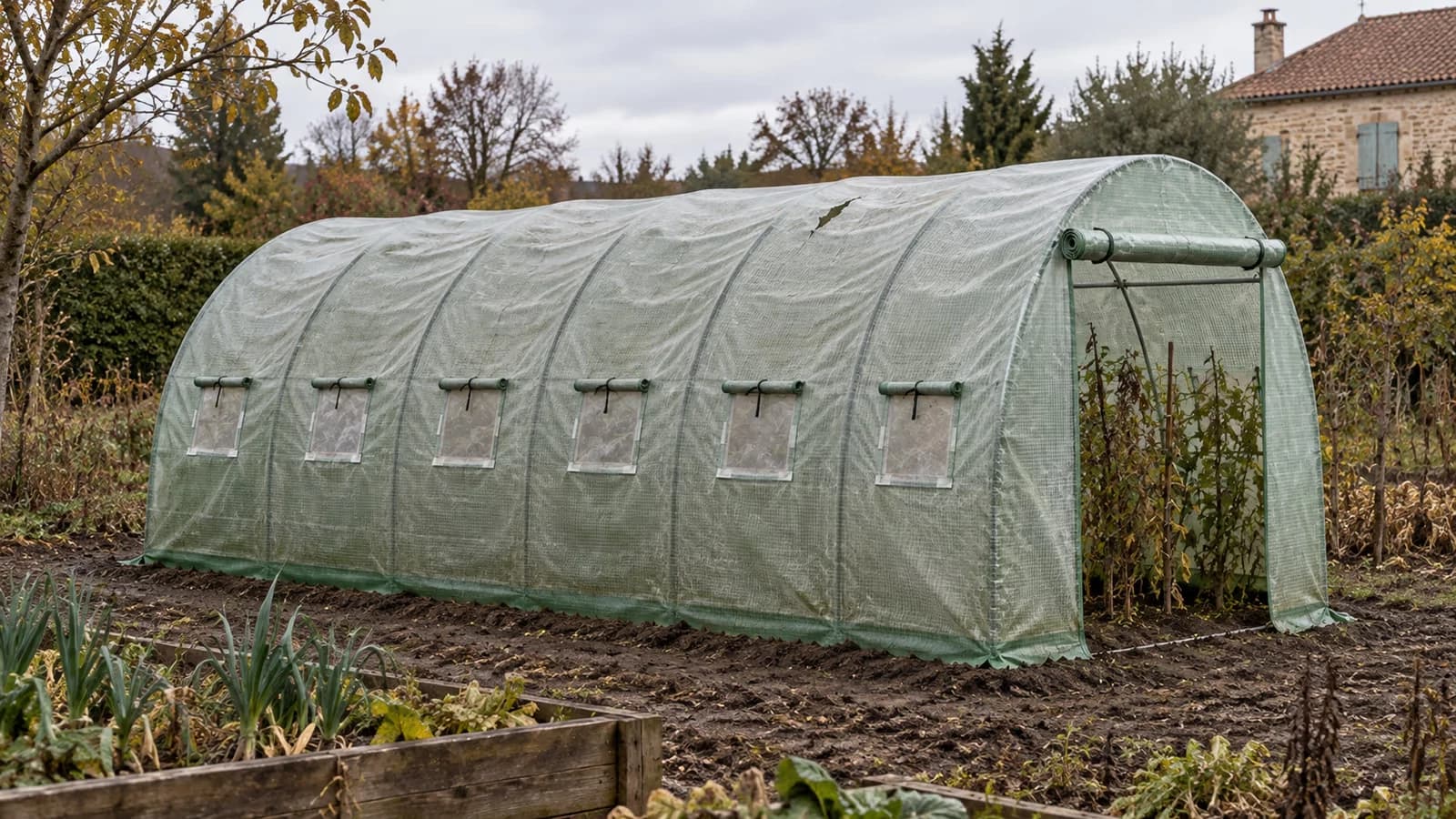 Serre tunnel de potager à la toile verte blanchie et froissée, arceaux visibles sous un ciel couvert de fin de saison
