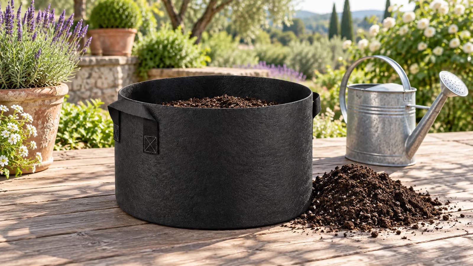 Sac de culture en textile noir à moitié rempli de terreau sombre, posé sur une terrasse en bois au printemps