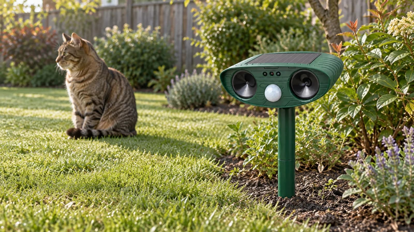 Boîtier solaire vert sur son piquet au bord d'une pelouse rase, chat assis de profil à quelques mètres